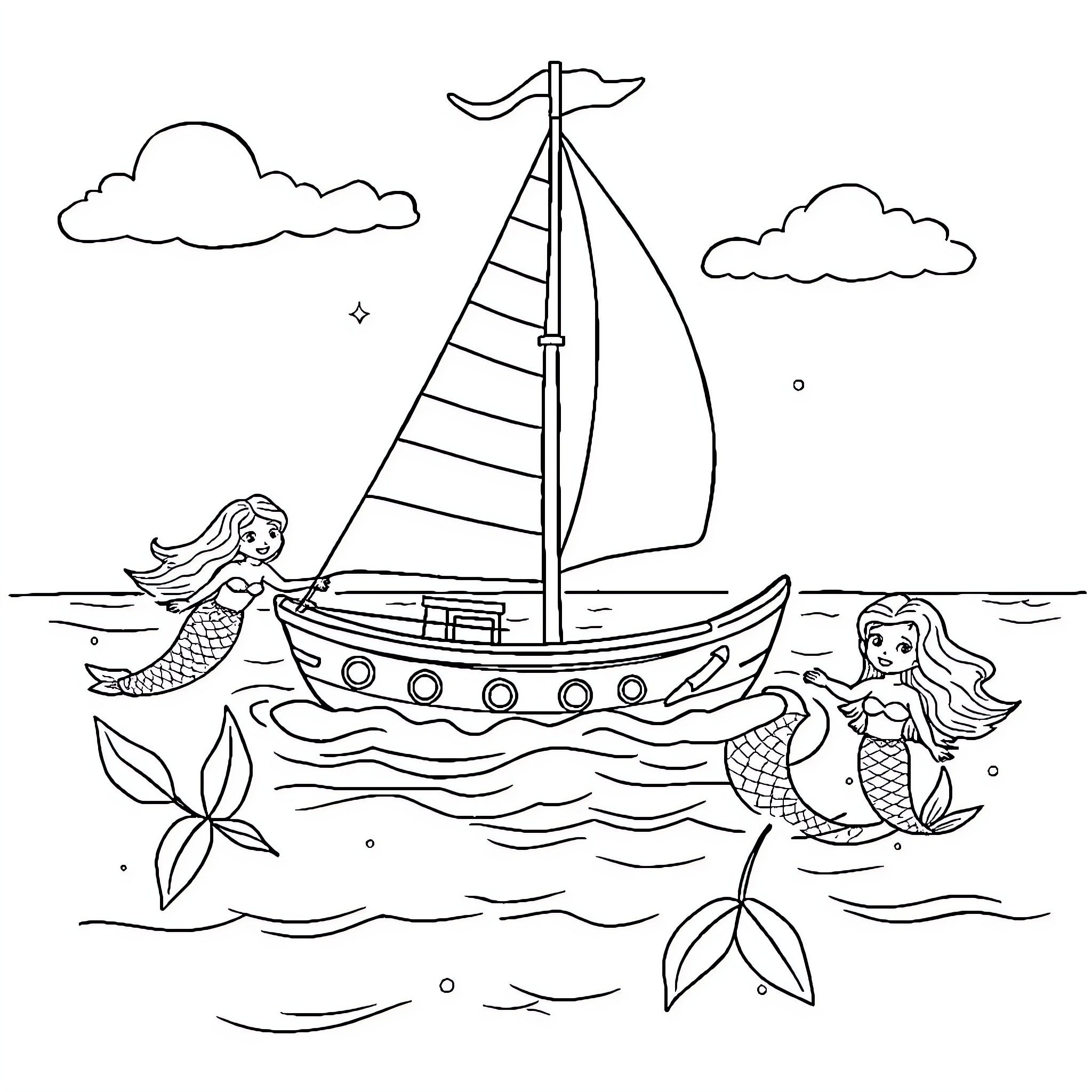 Sailboat sailing with mermaids in the ocean Coloring Page (free black-and-white line drawing printable PDF for all, from beginners to advanced learners, including children, teens, adults, and seniors)
