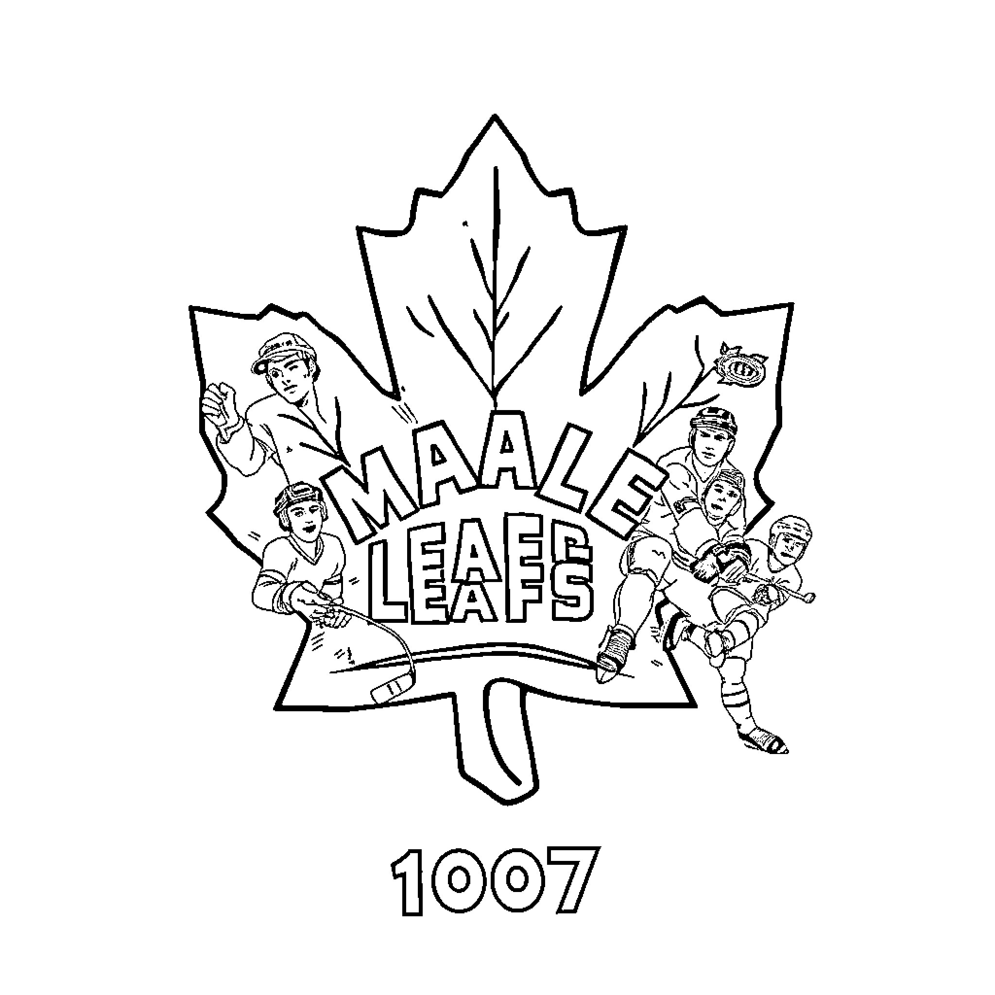 Maple Leaf Hockey Players in Action Coloring Page (free black-and-white line drawing printable PDF for all, from beginners to advanced learners, including children, teens, adults, and seniors)