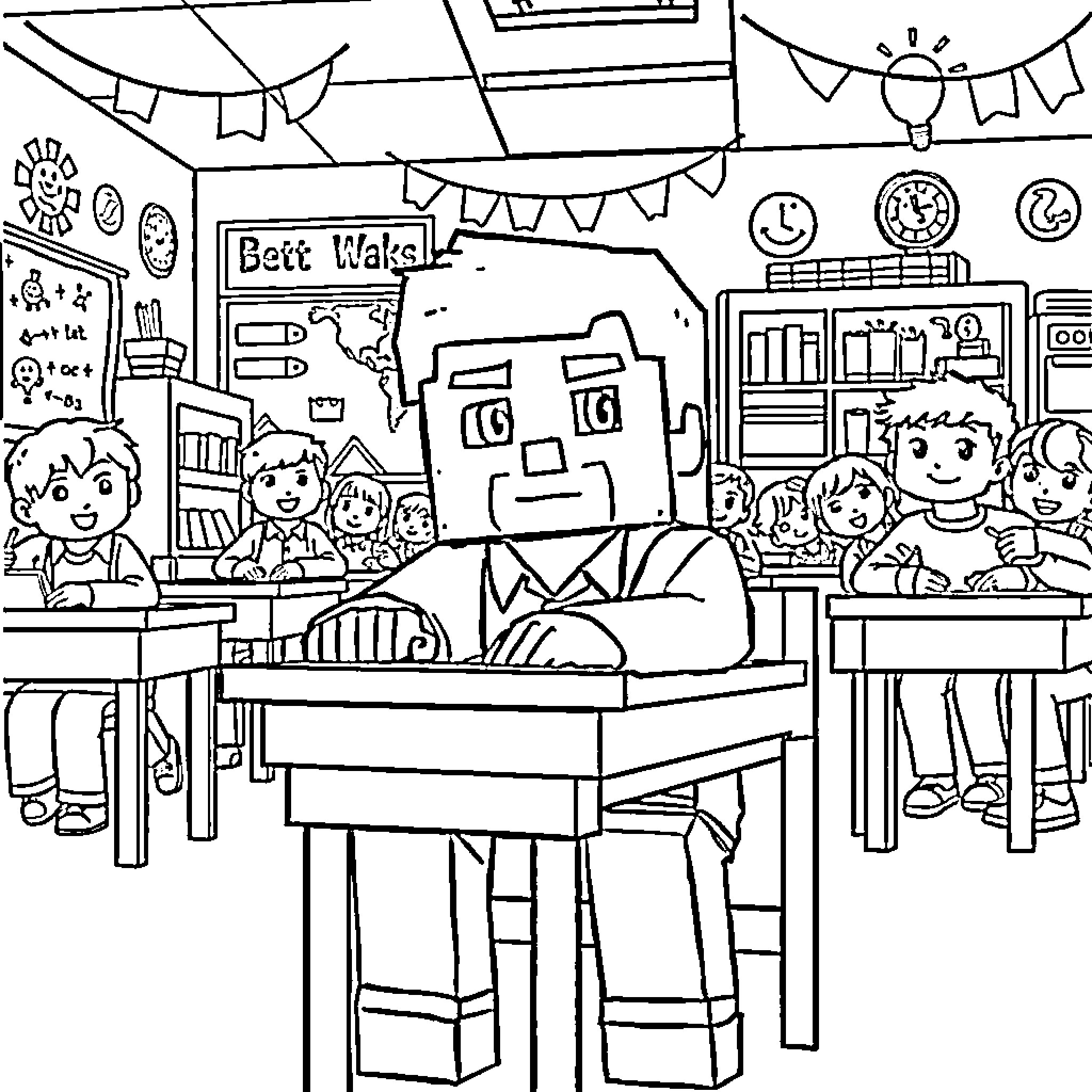 Steve teaching in a lively classroom Coloring Page (free black-and-white line drawing printable PDF for all, from beginners to advanced learners, including children, teens, adults, and seniors)