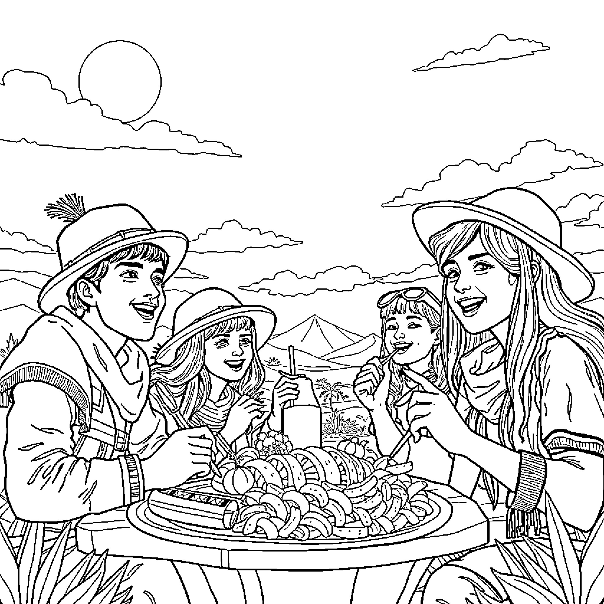 K-pop Hunter's Picnic in the Mountains Coloring Page (free black-and-white line drawing printable PDF for all, from beginners to advanced learners, including children, teens, adults, and seniors)