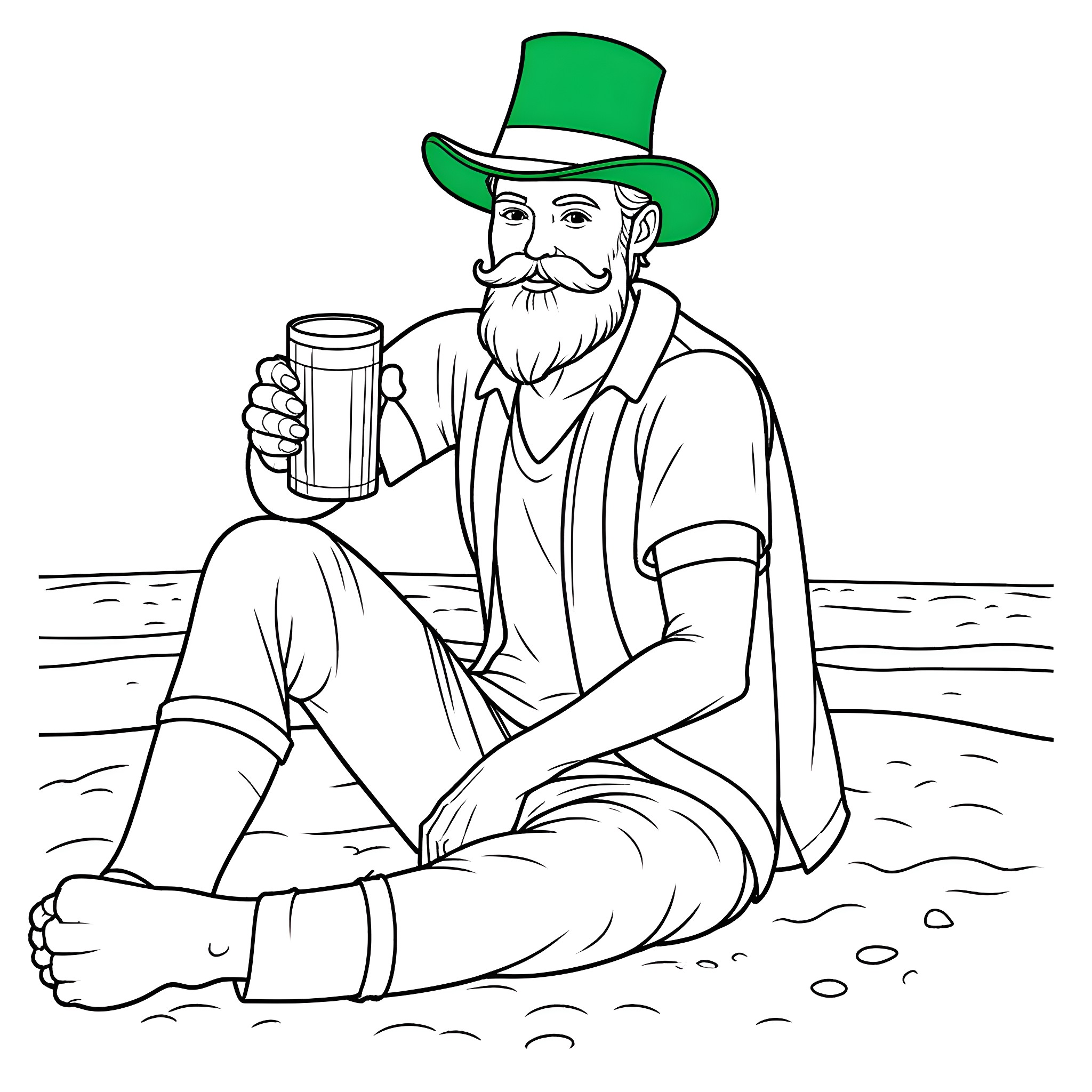Irish Man Enjoying Drink on Shoreline Coloring Page (free black-and-white line drawing printable PDF for all, from beginners to advanced learners, including children, teens, adults, and seniors)