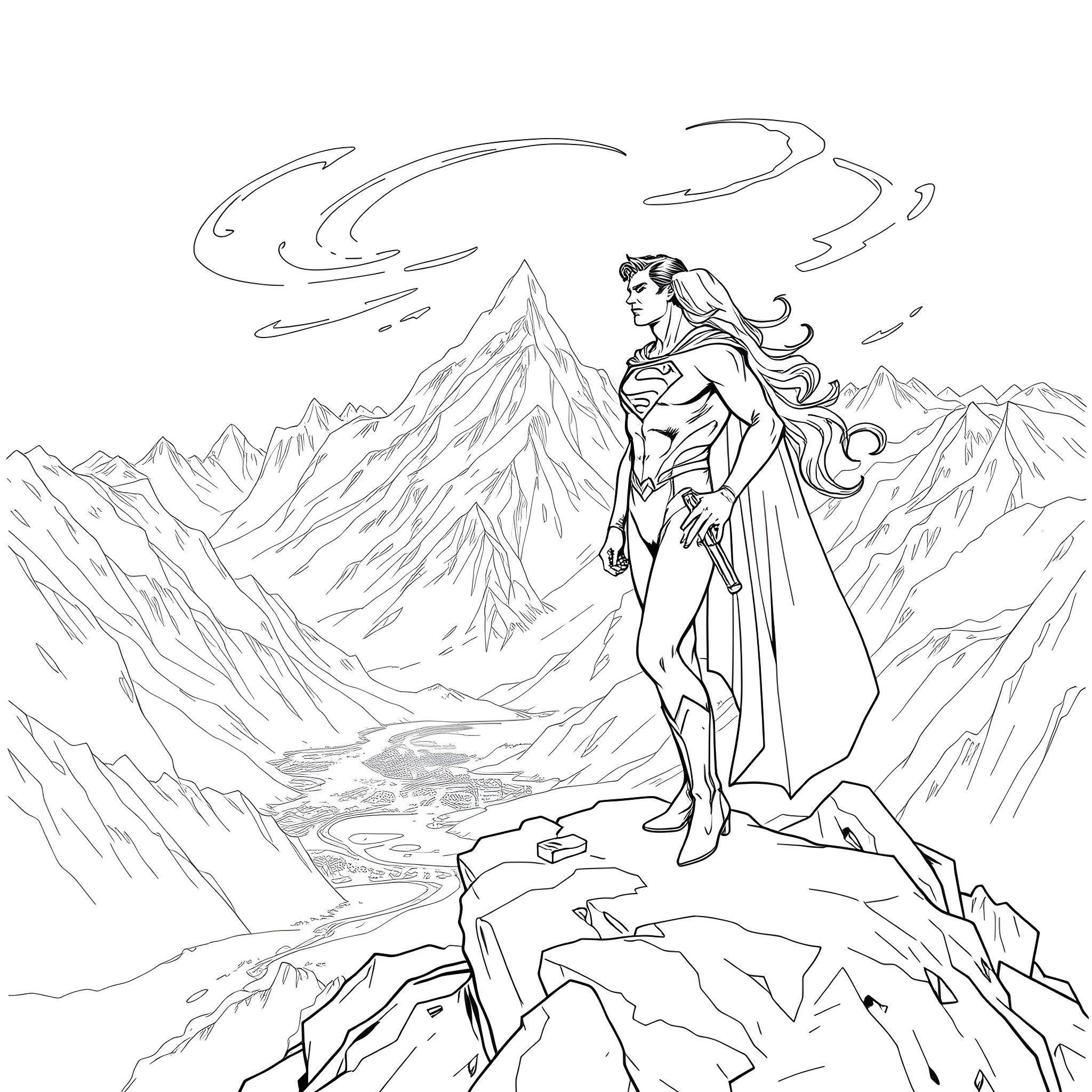 Superman standing heroically on a mountain peak Coloring Page (free black-and-white line drawing printable PDF for all, from beginners to advanced learners, including children, teens, adults, and seniors)