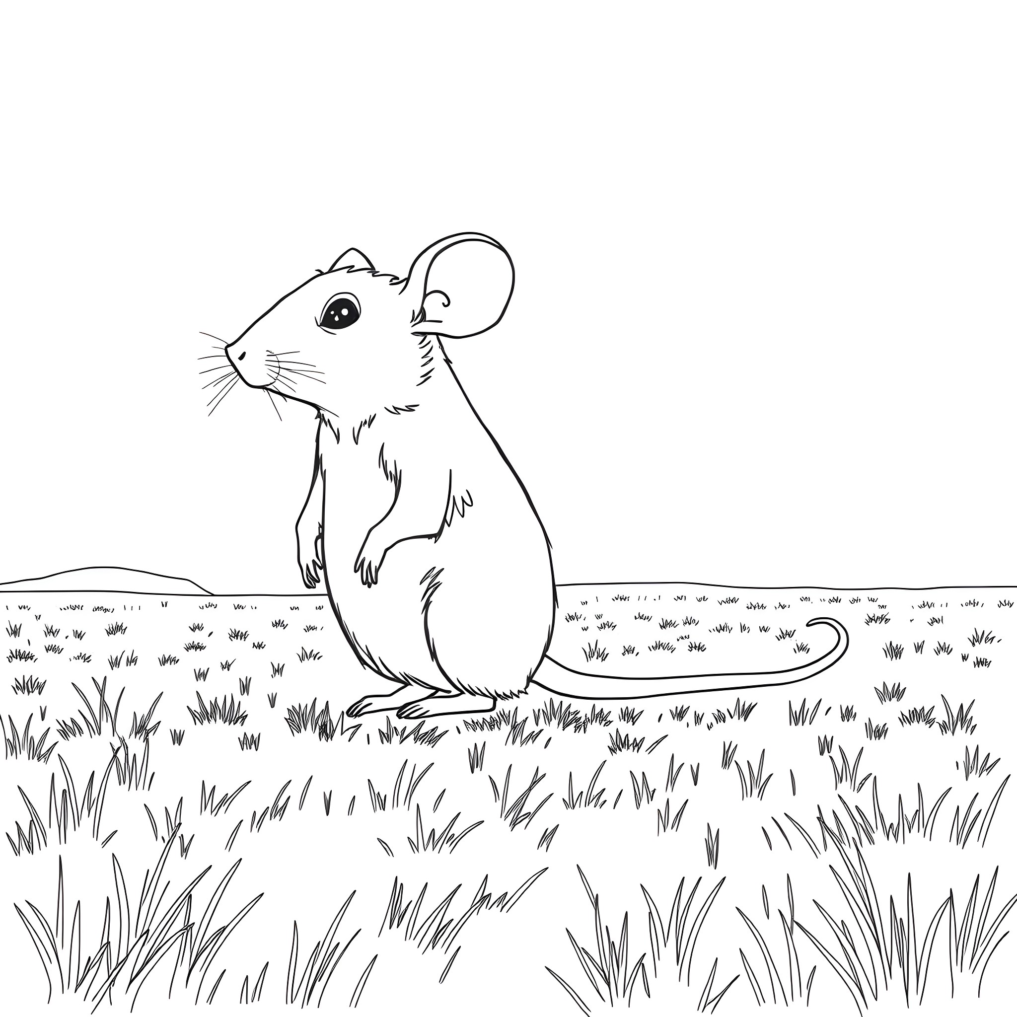 Mouse sitting in the grass Coloring Page (free black-and-white line drawing printable PDF for all, from beginners to advanced learners, including children, teens, adults, and seniors)
