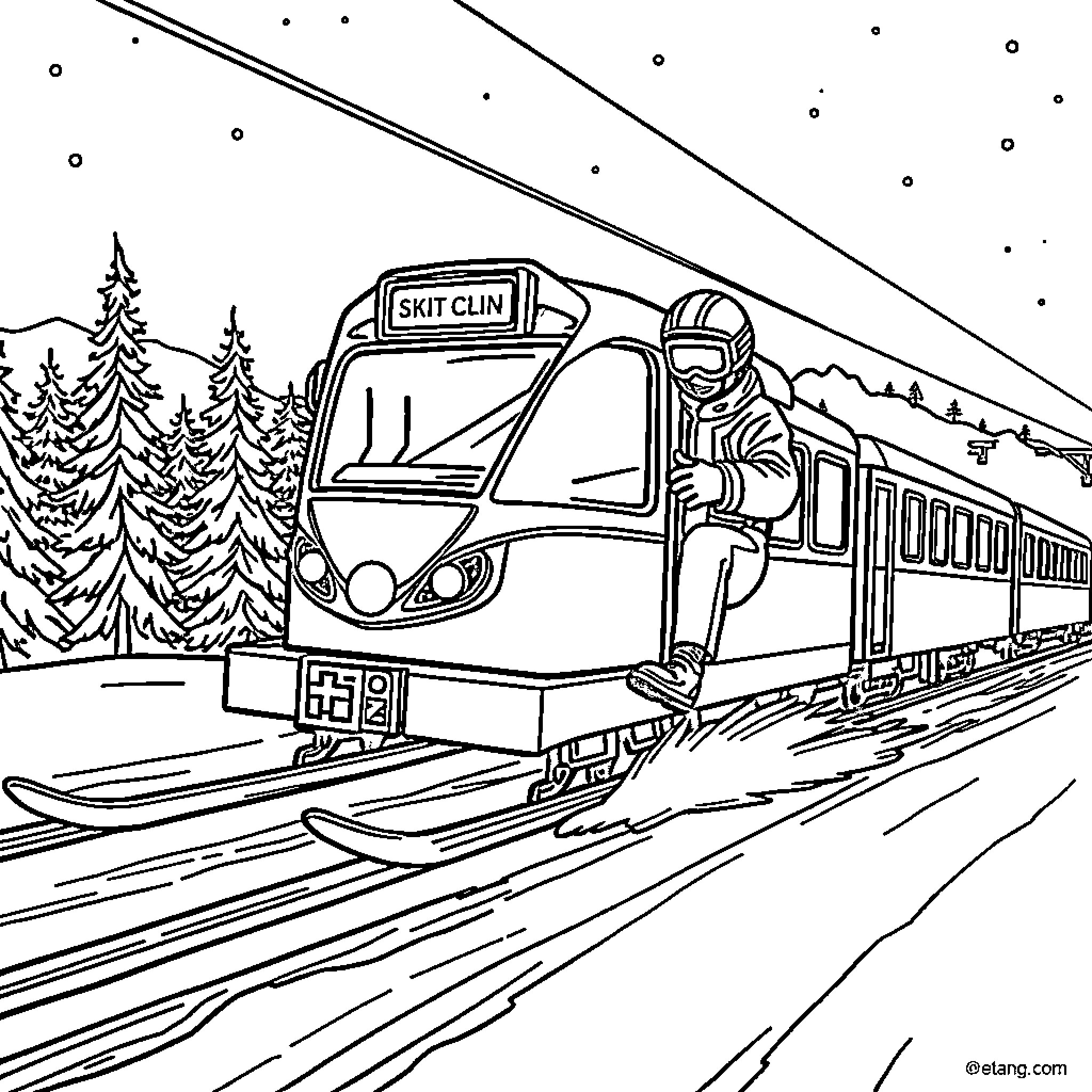 Stitch of a ski train traveling through a snowy landscape Coloring Page (free black-and-white line drawing printable PDF for all, from beginners to advanced learners, including children, teens, adults, and seniors)