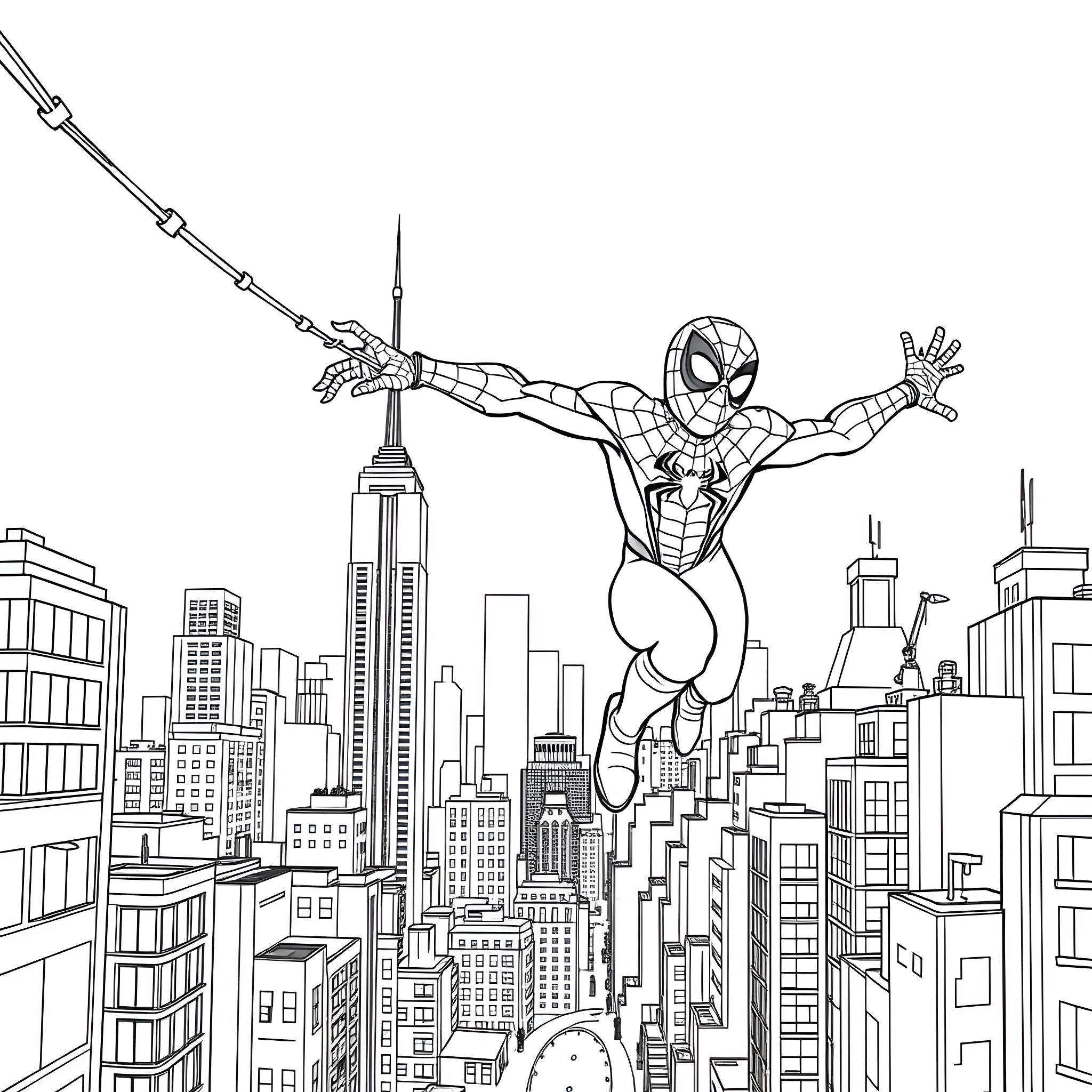 Spiderman swinging through the city skyline Coloring Page (free black-and-white line drawing printable PDF for all, from beginners to advanced learners, including children, teens, adults, and seniors)