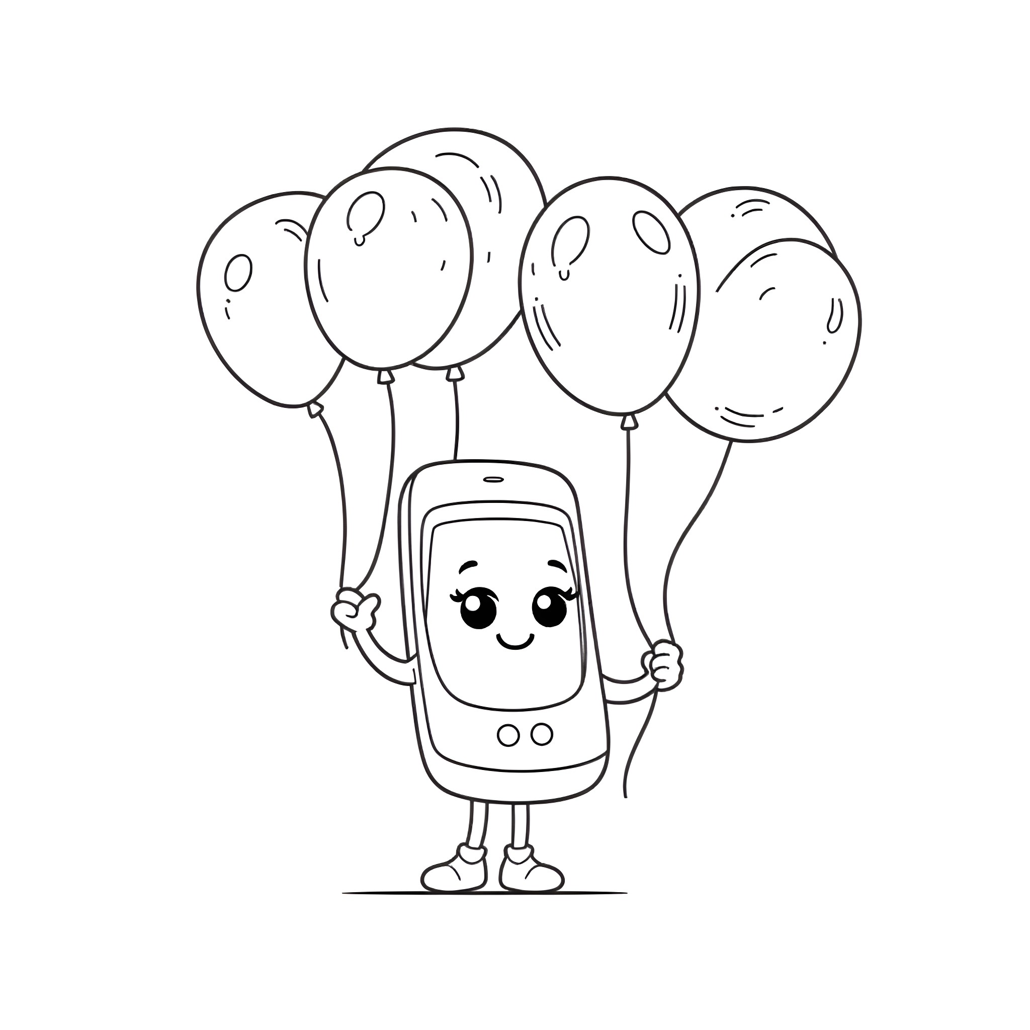 Cell Phone carrying colorful balloons with a happy expression Coloring Page (free black-and-white line drawing printable PDF for all, from beginners to advanced learners, including children, teens, adults, and seniors)