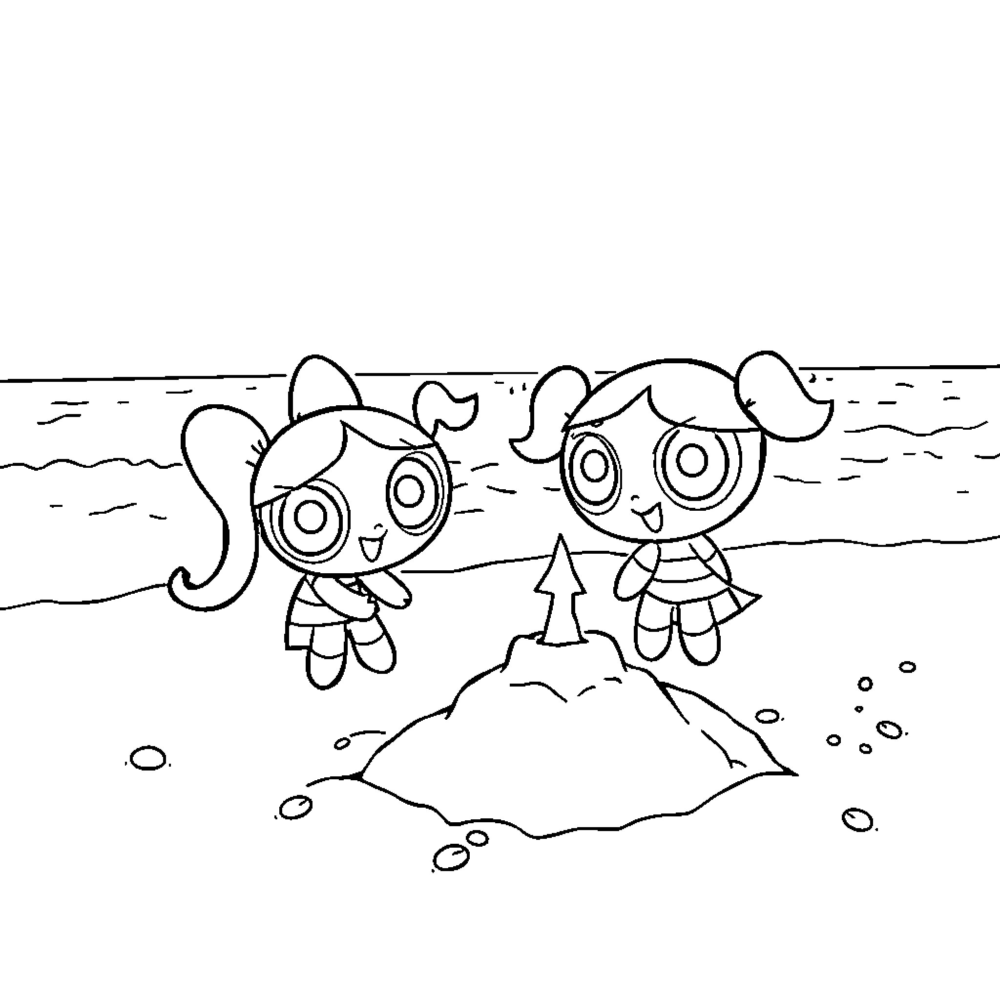 Powerpuff Girls Playing in the Sand Coloring Page (free black-and-white line drawing printable PDF for all, from beginners to advanced learners, including children, teens, adults, and seniors)