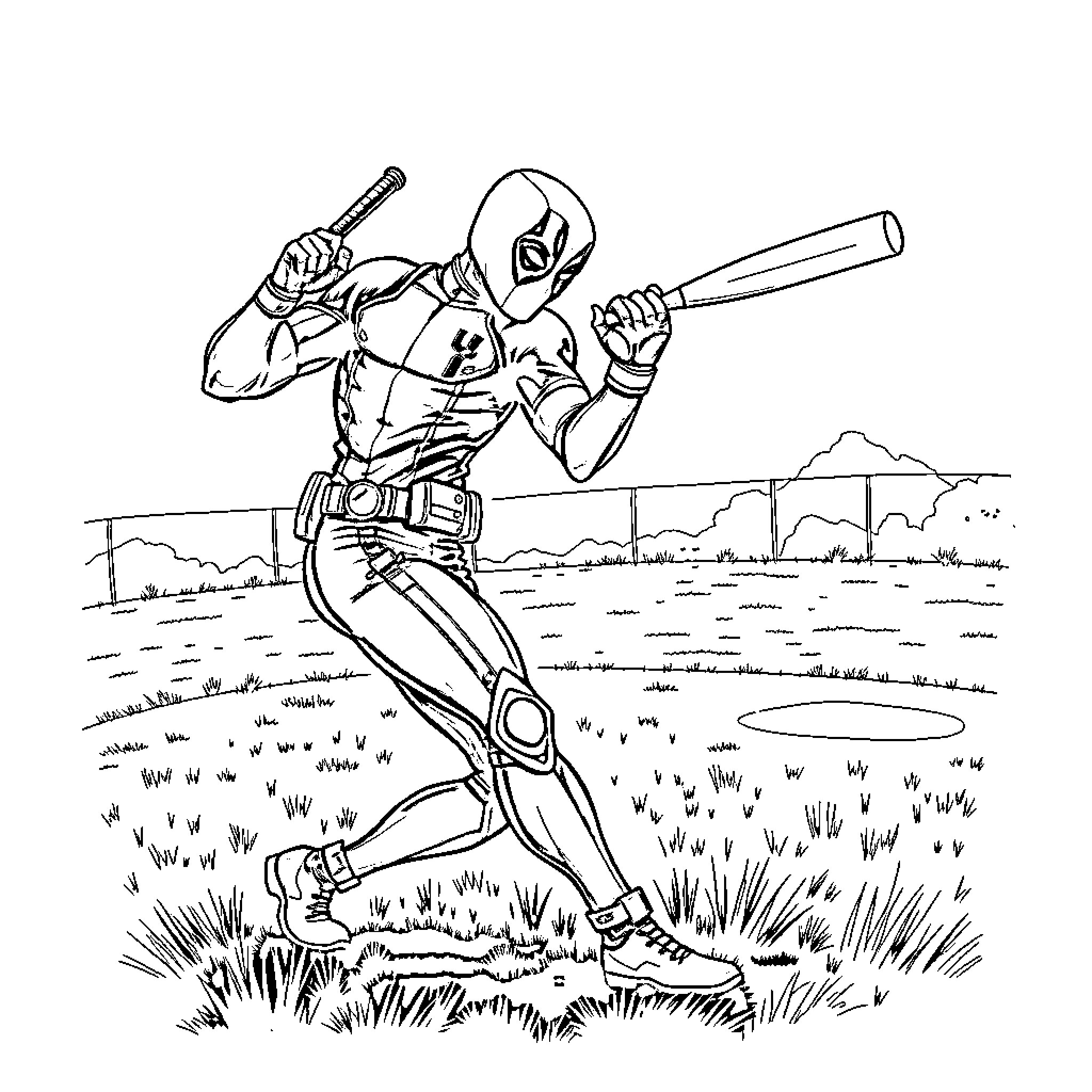 Deadpool Wielding Weapons in Outdoor Setting Coloring Page (free black-and-white line drawing printable PDF for all, from beginners to advanced learners, including children, teens, adults, and seniors)