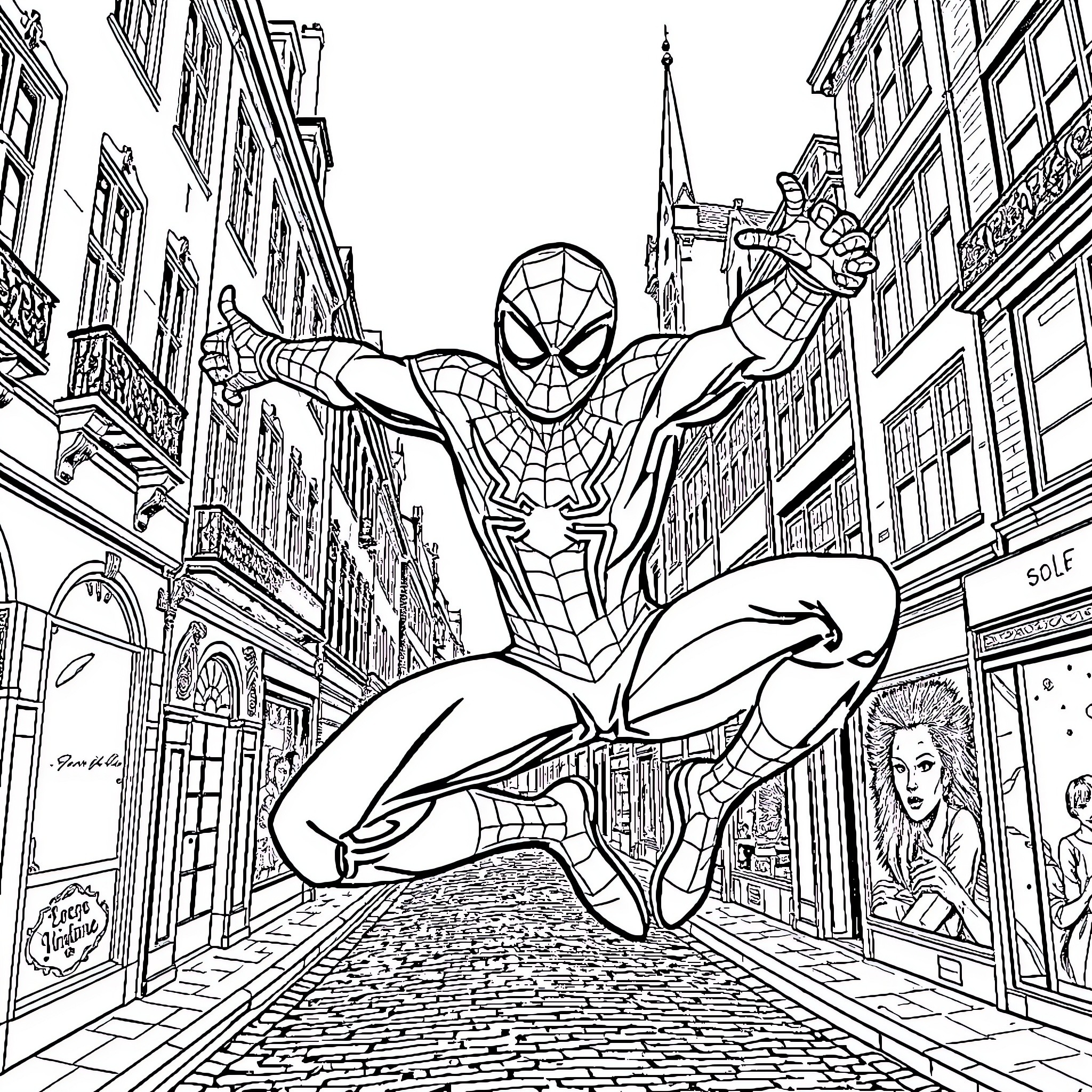 Spiderman swinging through a busy city street Coloring Page (free black-and-white line drawing printable PDF for all, from beginners to advanced learners, including children, teens, adults, and seniors)