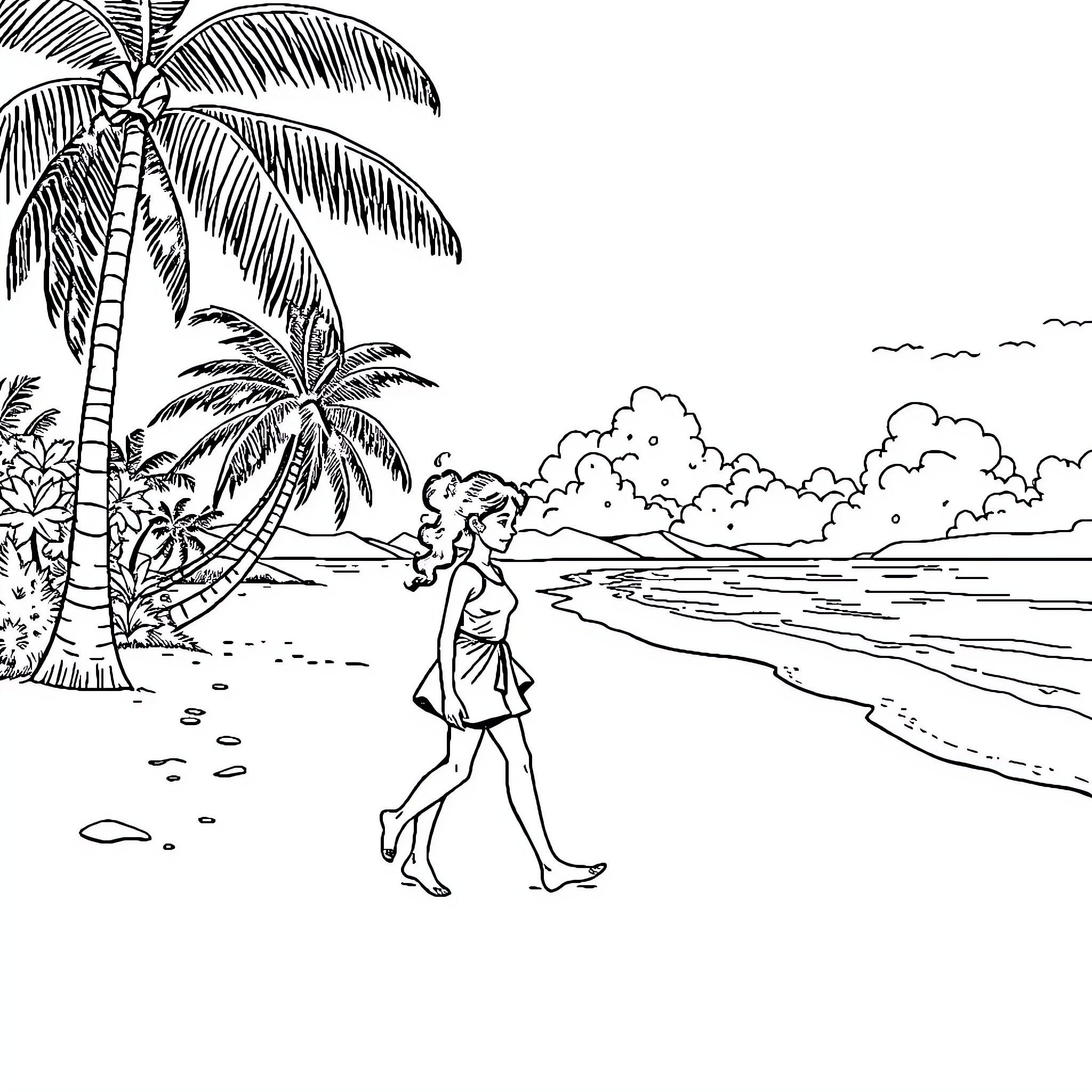 Girl walking along the tropical beach Coloring Page (free black-and-white line drawing printable PDF for all, from beginners to advanced learners, including children, teens, adults, and seniors)