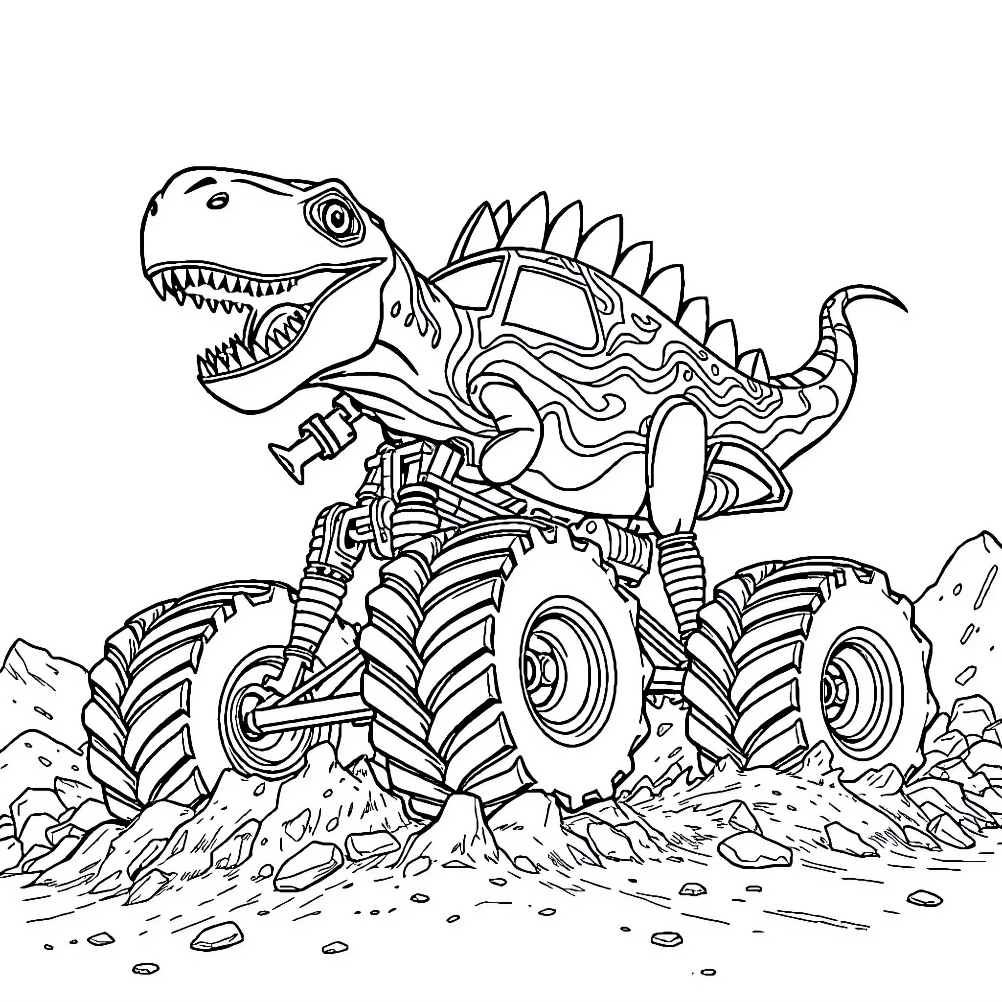 Dinosaur monster truck crushing through the terrain Coloring Page (free black-and-white line drawing printable PDF for all, from beginners to advanced learners, including children, teens, adults, and seniors)