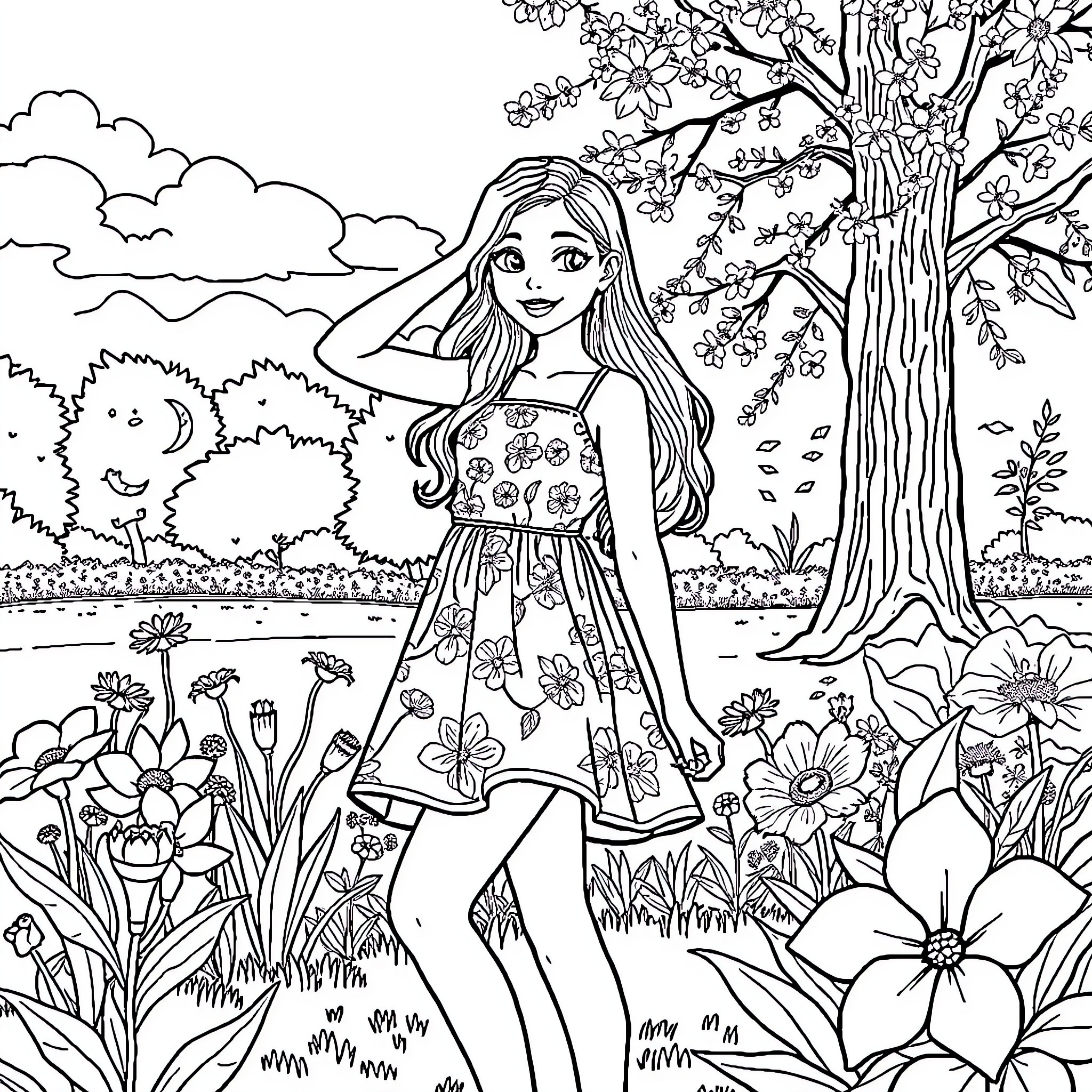 Teen Girl in Floral Dress Exploring Enchanting Outdoor Scene Coloring Page (free black-and-white line drawing printable PDF for all, from beginners to advanced learners, including children, teens, adults, and seniors)