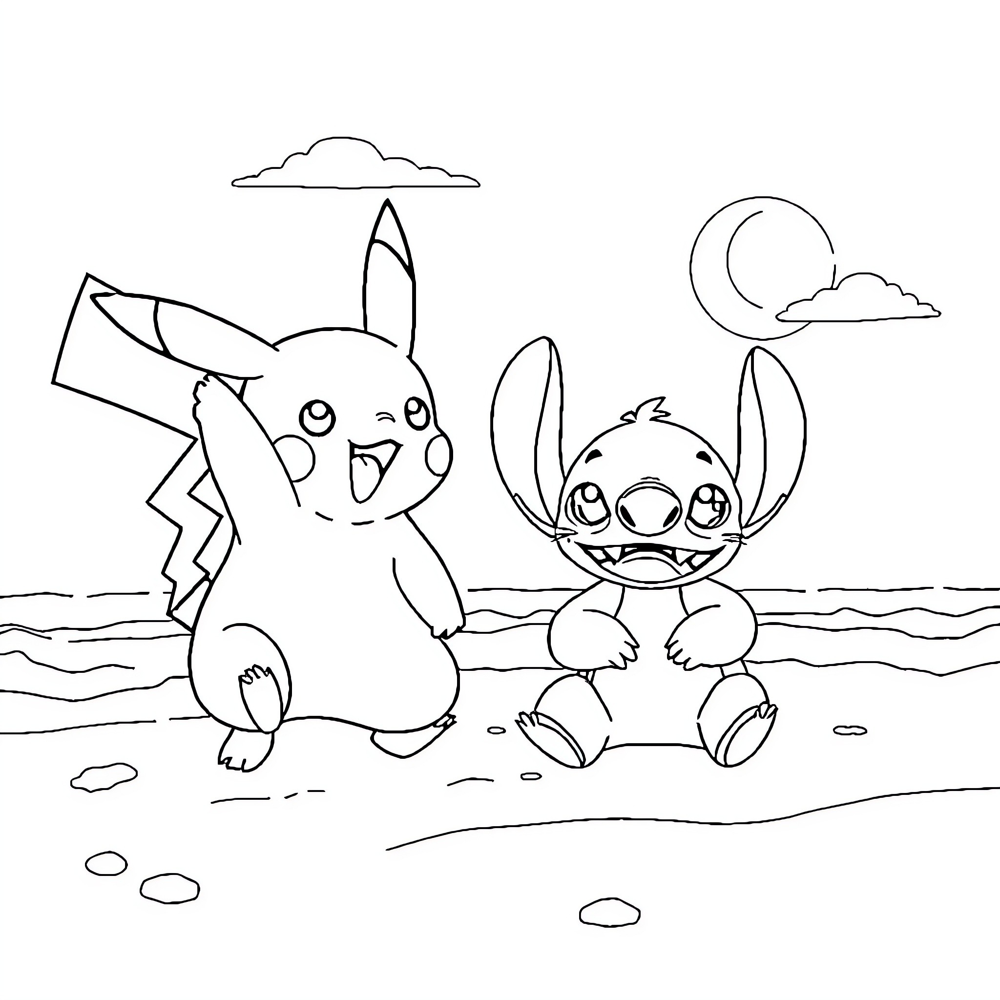 Pikachu and Stitch relaxing on the beach Coloring Page (free black-and-white line drawing printable PDF for all, from beginners to advanced learners, including children, teens, adults, and seniors)