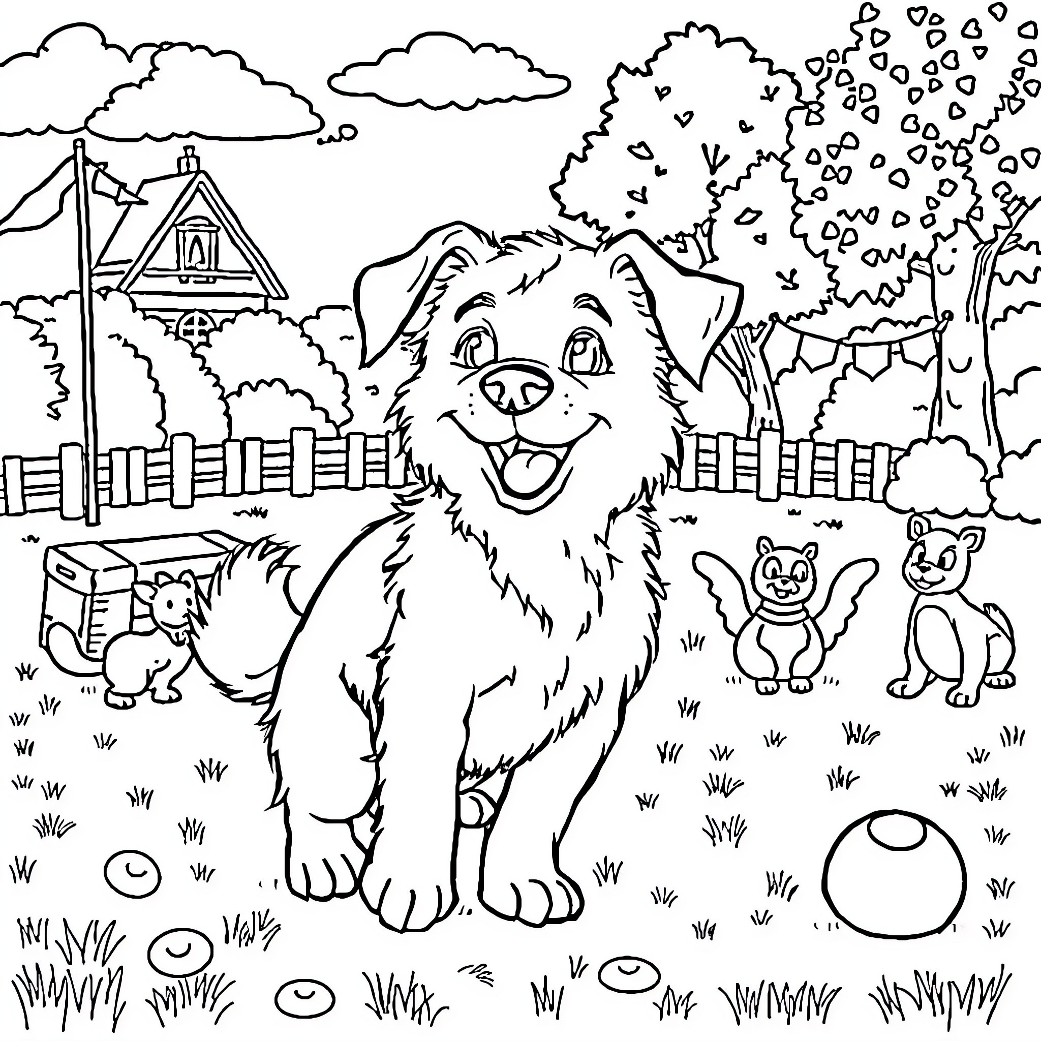 Dog playing happily in the countryside Coloring Page (free black-and-white line drawing printable PDF for all, from beginners to advanced learners, including children, teens, adults, and seniors)