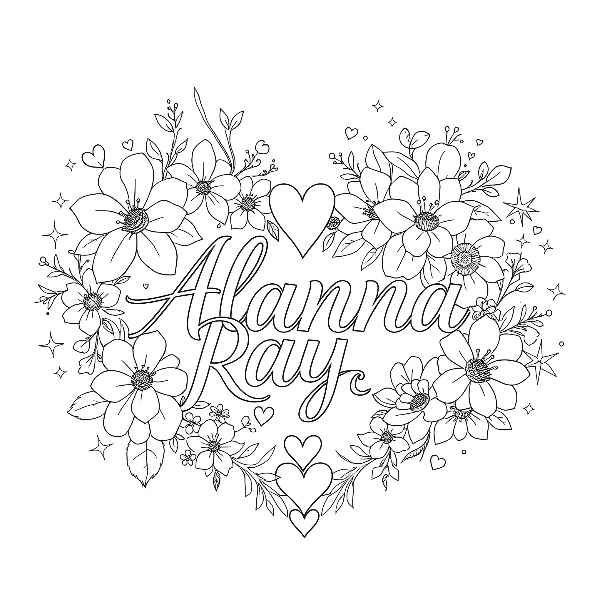 Heart-shaped floral frame with text 'Alanna Ray' Coloring Page (free black-and-white line drawing printable PDF for all, from beginners to advanced learners, including children, teens, adults, and seniors)