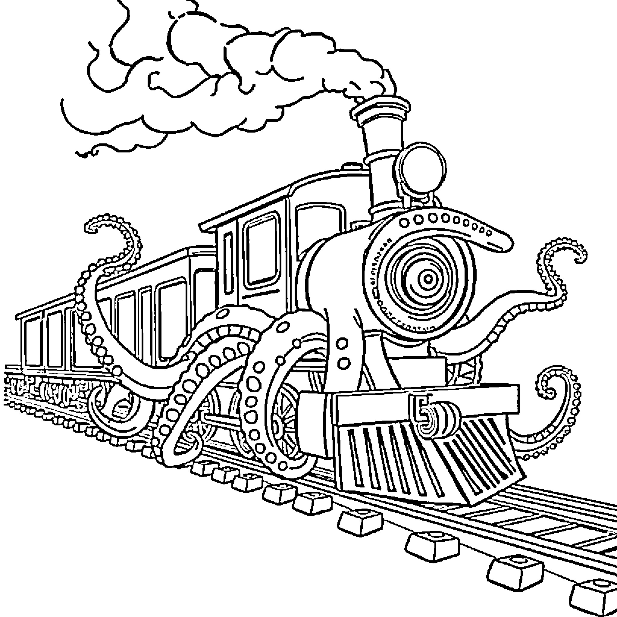 Train on fantastical tracks with steam and tentacles Coloring Page (free black-and-white line drawing printable PDF for all, from beginners to advanced learners, including children, teens, adults, and seniors)