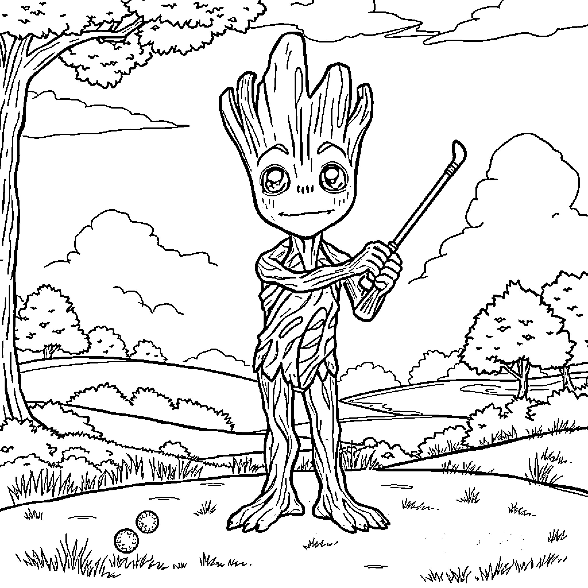 Groot playing joyfully in the forest Coloring Page (free black-and-white line drawing printable PDF for all, from beginners to advanced learners, including children, teens, adults, and seniors)