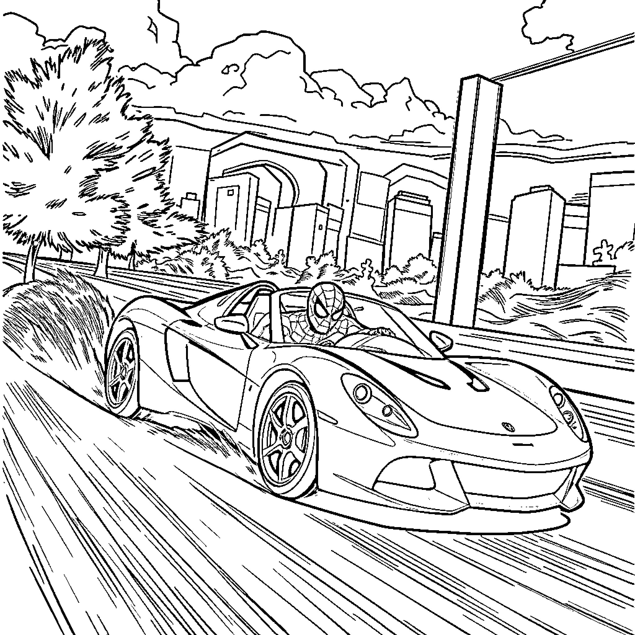 Spiderman racing a supercar through the city Coloring Page (free black-and-white line drawing printable PDF for all, from beginners to advanced learners, including children, teens, adults, and seniors)