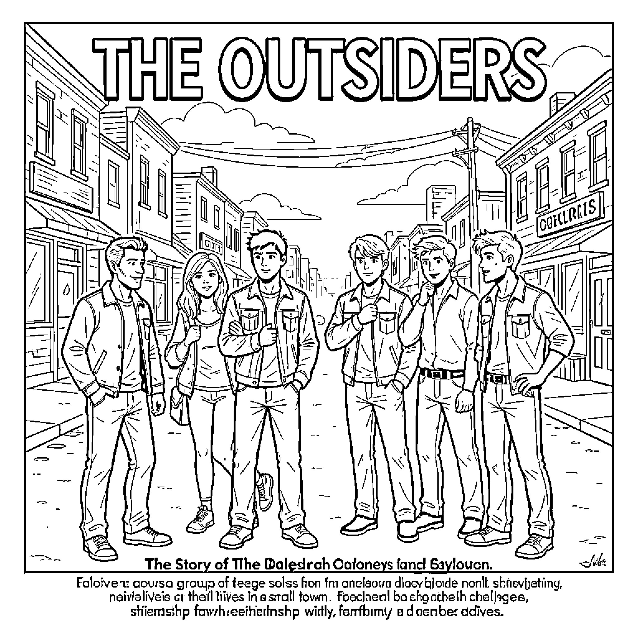 The Outsiders standing together in a street scene Coloring Page (free black-and-white line drawing printable PDF for all, from beginners to advanced learners, including children, teens, adults, and seniors)