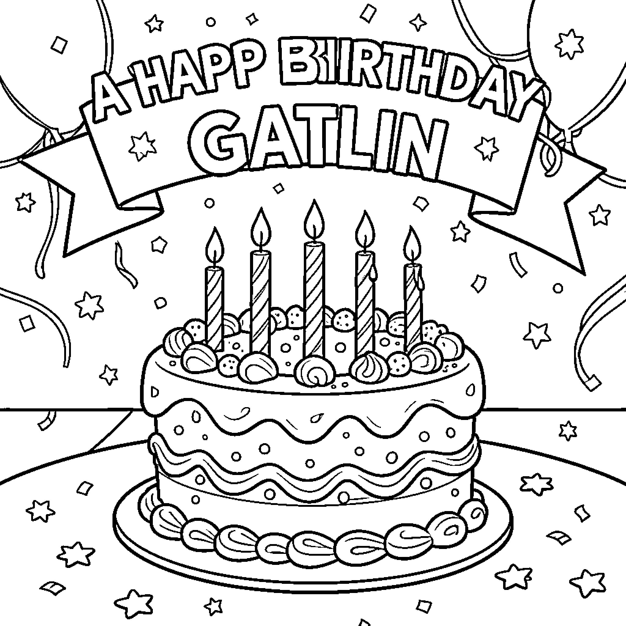 Birthday Celebration for Gaitlin Coloring Page (free black-and-white line drawing printable PDF for all, from beginners to advanced learners, including children, teens, adults, and seniors)