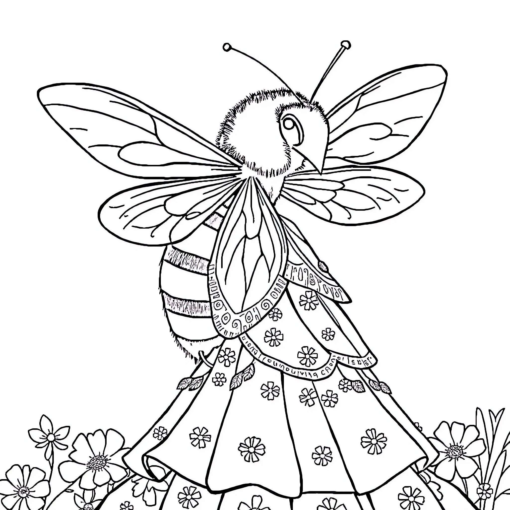 Bee exploring whimsical flower garden Coloring Page (free black-and-white line drawing printable PDF for all, from beginners to advanced learners, including children, teens, adults, and seniors)
