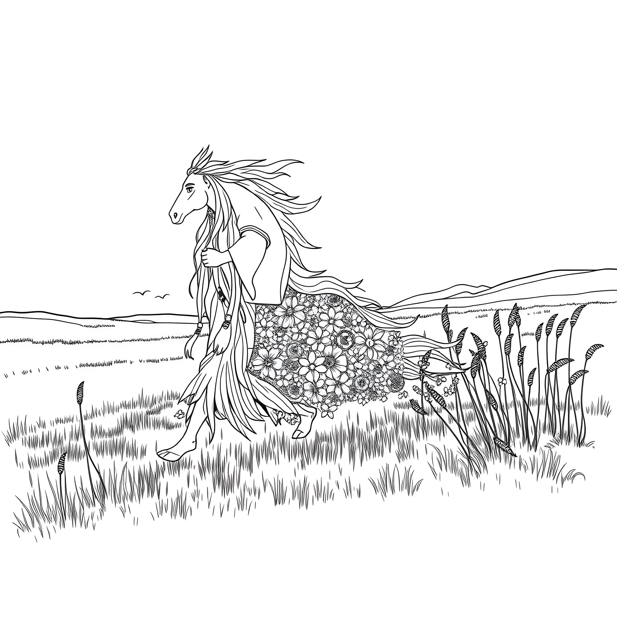 Great Spirit Flowing Through Nature's Beauty Coloring Page (free black-and-white line drawing printable PDF for all, from beginners to advanced learners, including children, teens, adults, and seniors)