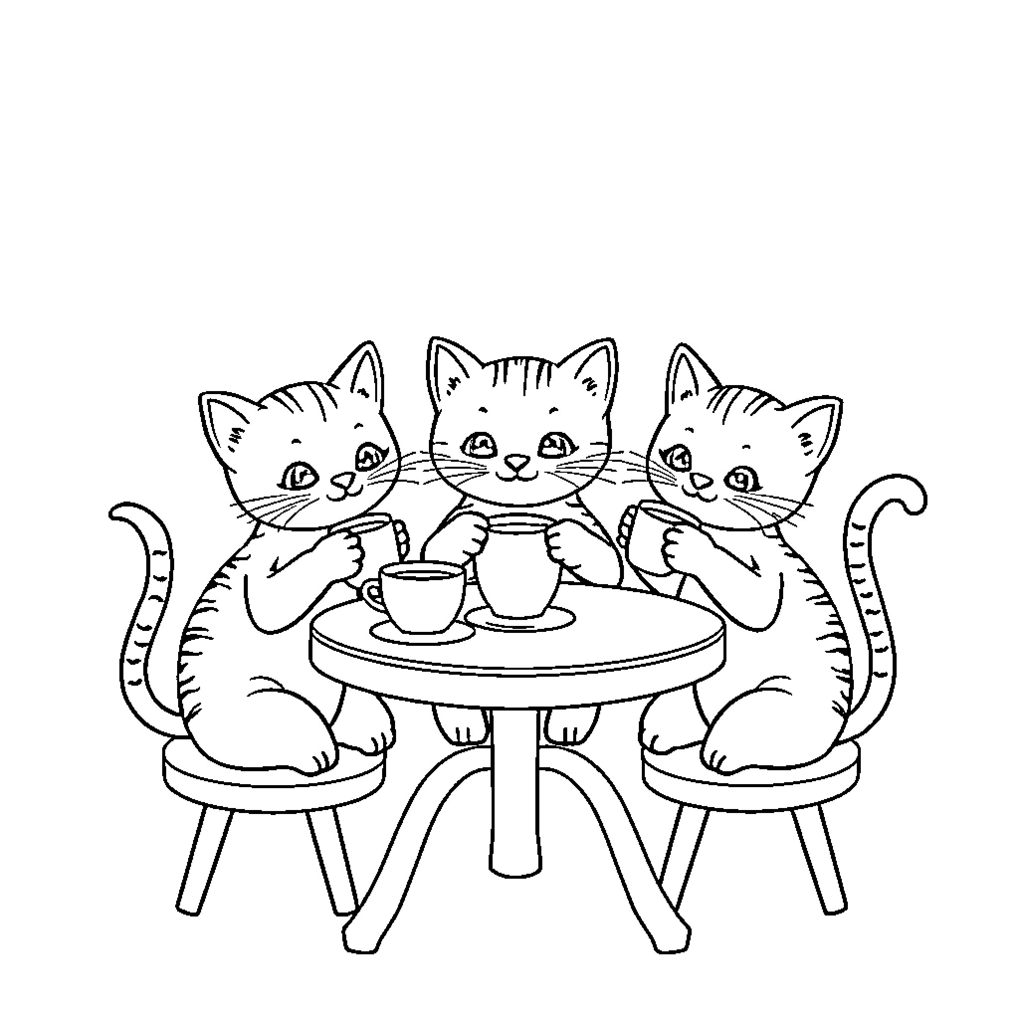 Cat Cafe Kittens Enjoying Tea Time Coloring Page (free black-and-white line drawing printable PDF for all, from beginners to advanced learners, including children, teens, adults, and seniors)