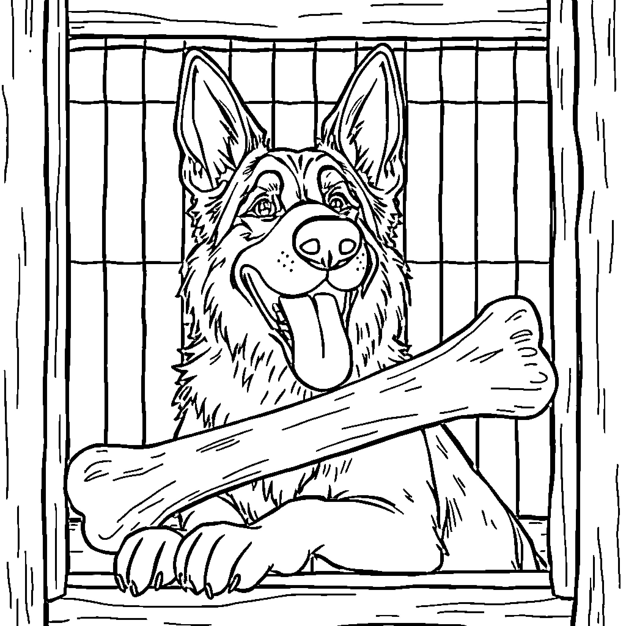 German Shepherd guarding a large bone in a kennel Coloring Page (free black-and-white line drawing printable PDF for all, from beginners to advanced learners, including children, teens, adults, and seniors)