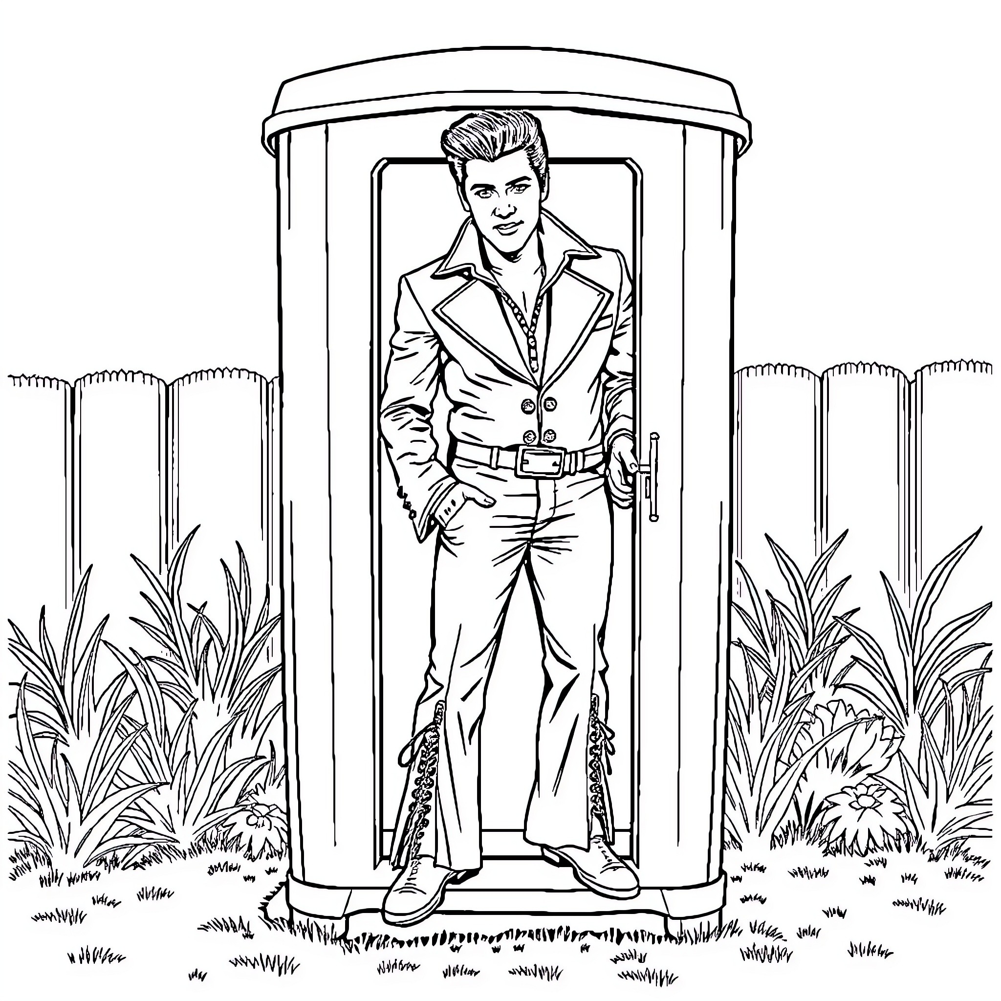 Elvis in stylish outdoor pose Coloring Page (free black-and-white line drawing printable PDF for all, from beginners to advanced learners, including children, teens, adults, and seniors)