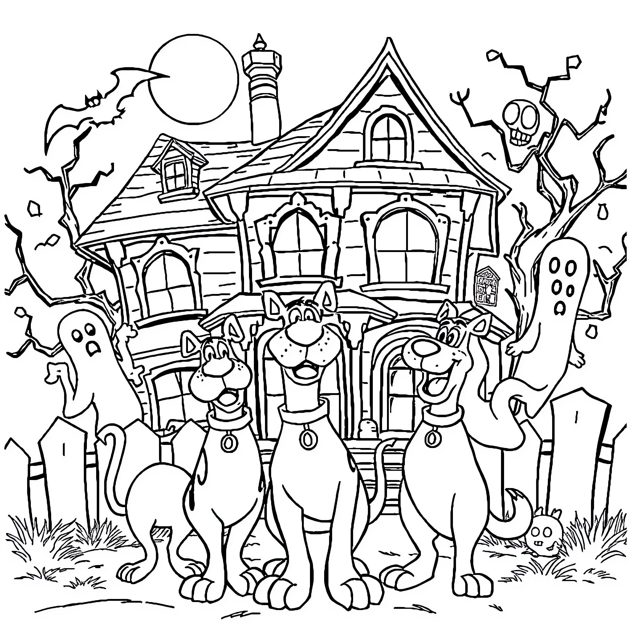 Scooby Doo and friends at a haunted house Coloring Page (free black-and-white line drawing printable PDF for all, from beginners to advanced learners, including children, teens, adults, and seniors)