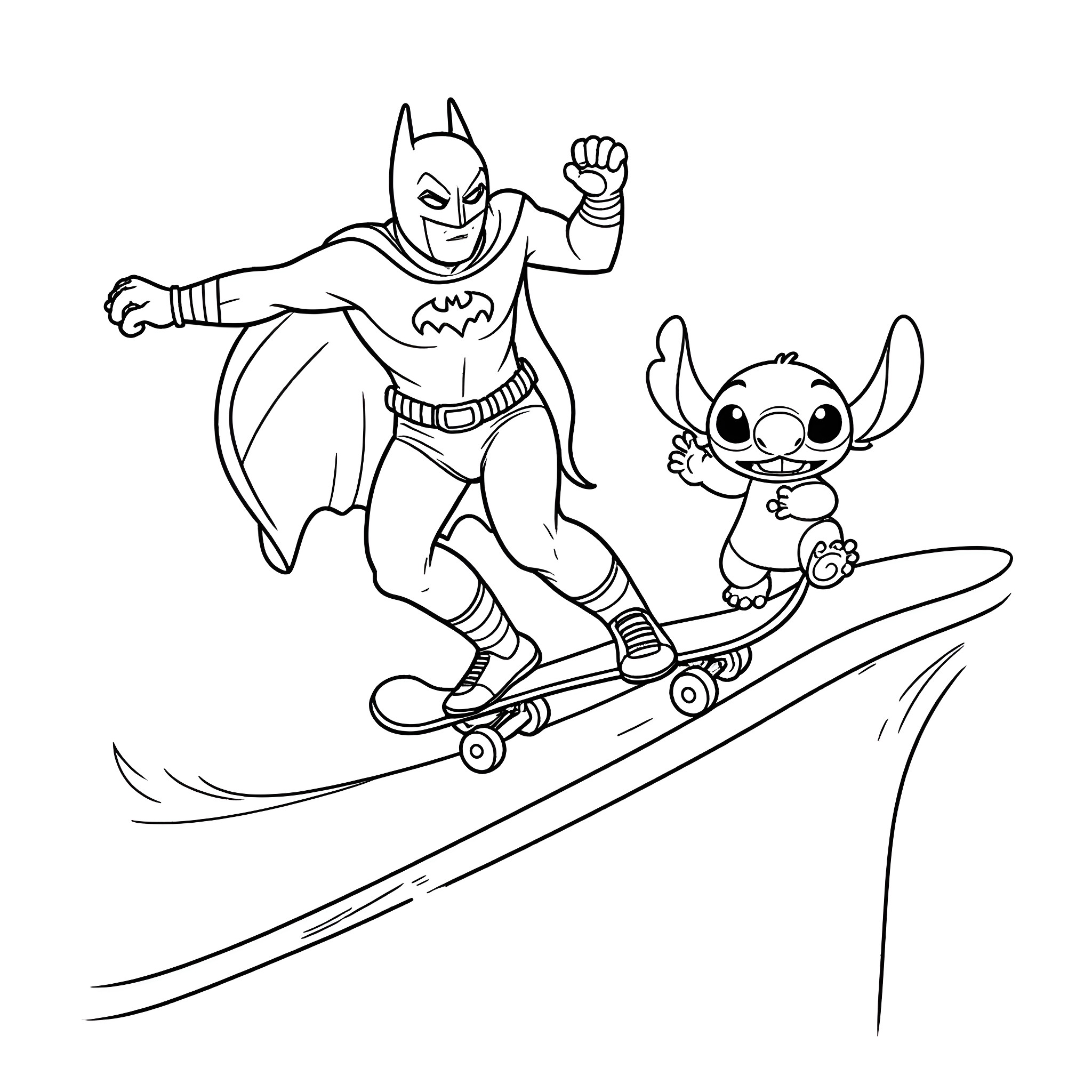 Batman and Stitch skateboarding adventure Coloring Page (free black-and-white line drawing printable PDF for all, from beginners to advanced learners, including children, teens, adults, and seniors)