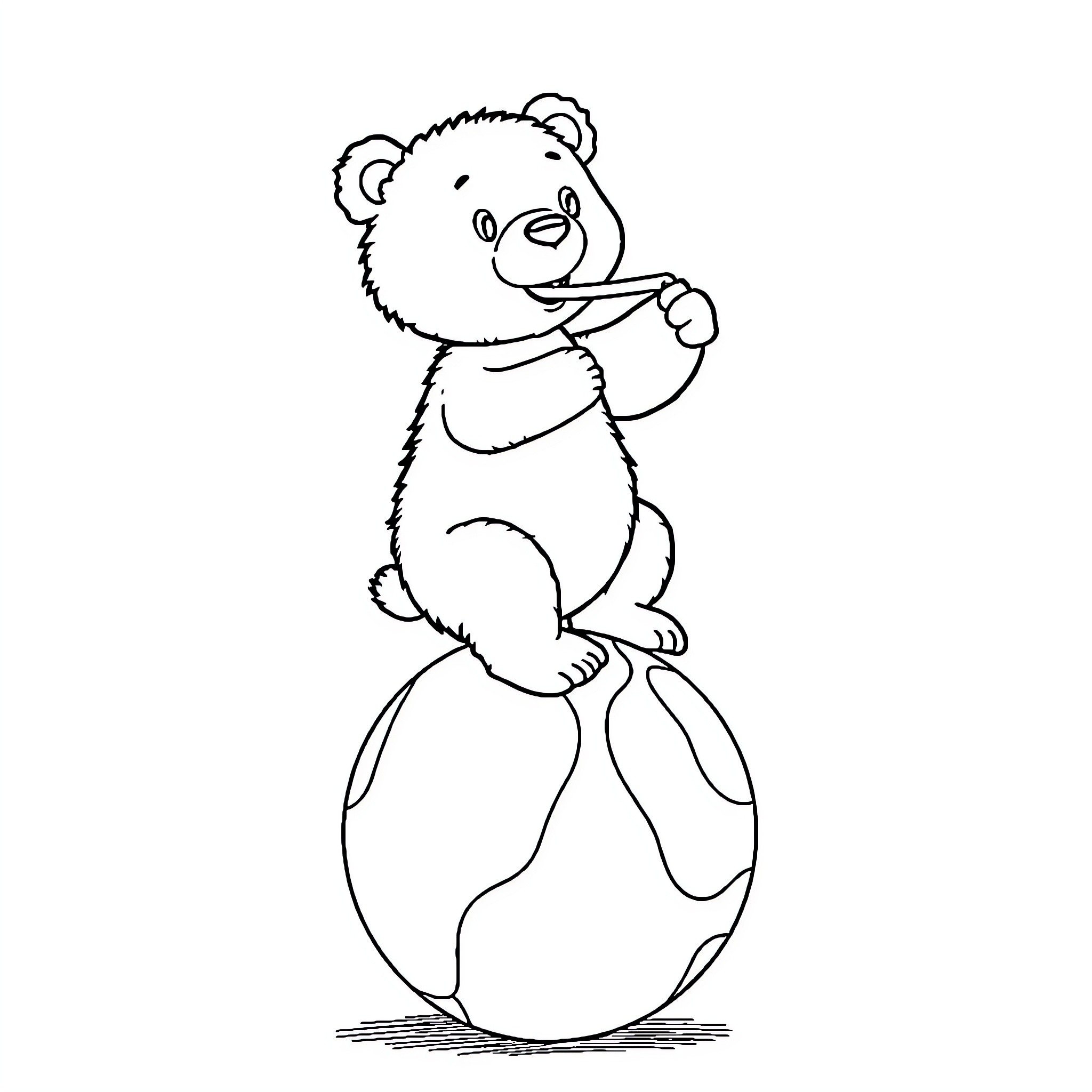 Bear playing happily on a globe Coloring Page (free black-and-white line drawing printable PDF for all, from beginners to advanced learners, including children, teens, adults, and seniors)