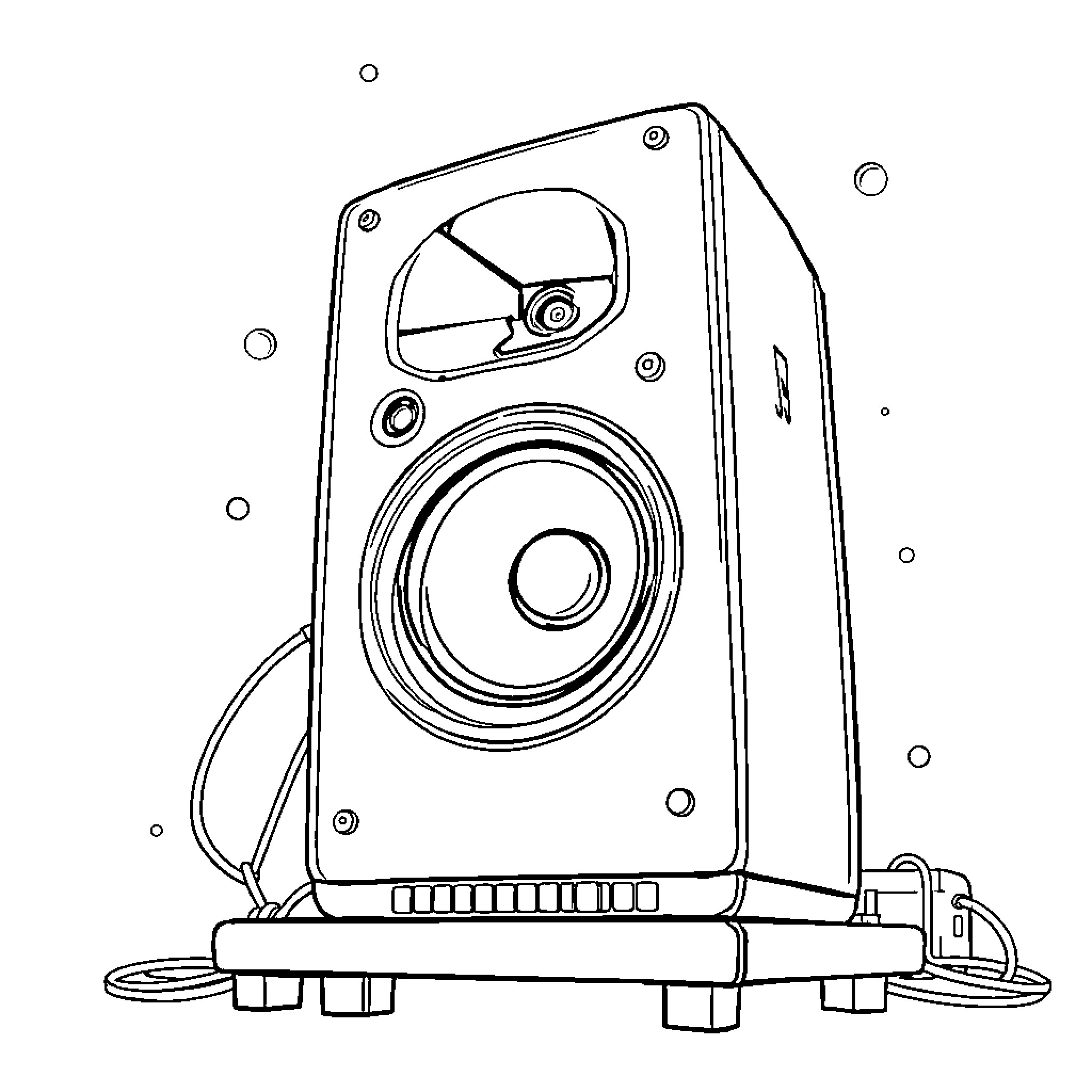Speaker with audio controls and connector Coloring Page (free black-and-white line drawing printable PDF for all, from beginners to advanced learners, including children, teens, adults, and seniors)