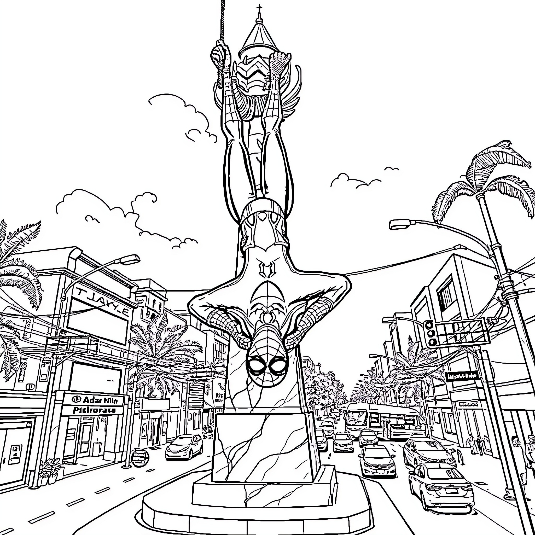 Spiderman swinging through a vibrant city landscape Coloring Page (free black-and-white line drawing printable PDF for all, from beginners to advanced learners, including children, teens, adults, and seniors)