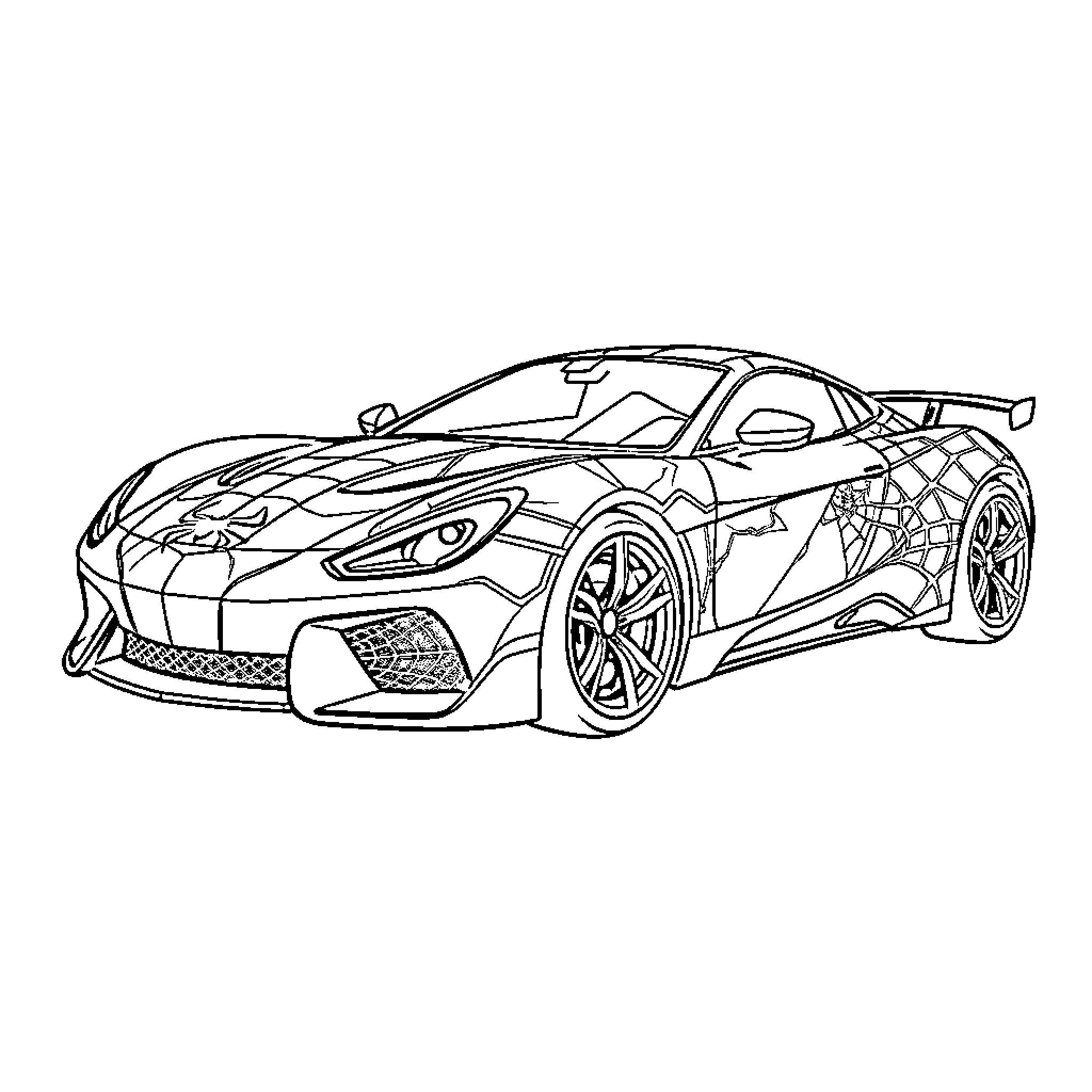 Spider-Man's Heroic Sports Car Adventure Coloring Page (free black-and-white line drawing printable PDF for all, from beginners to advanced learners, including children, teens, adults, and seniors)