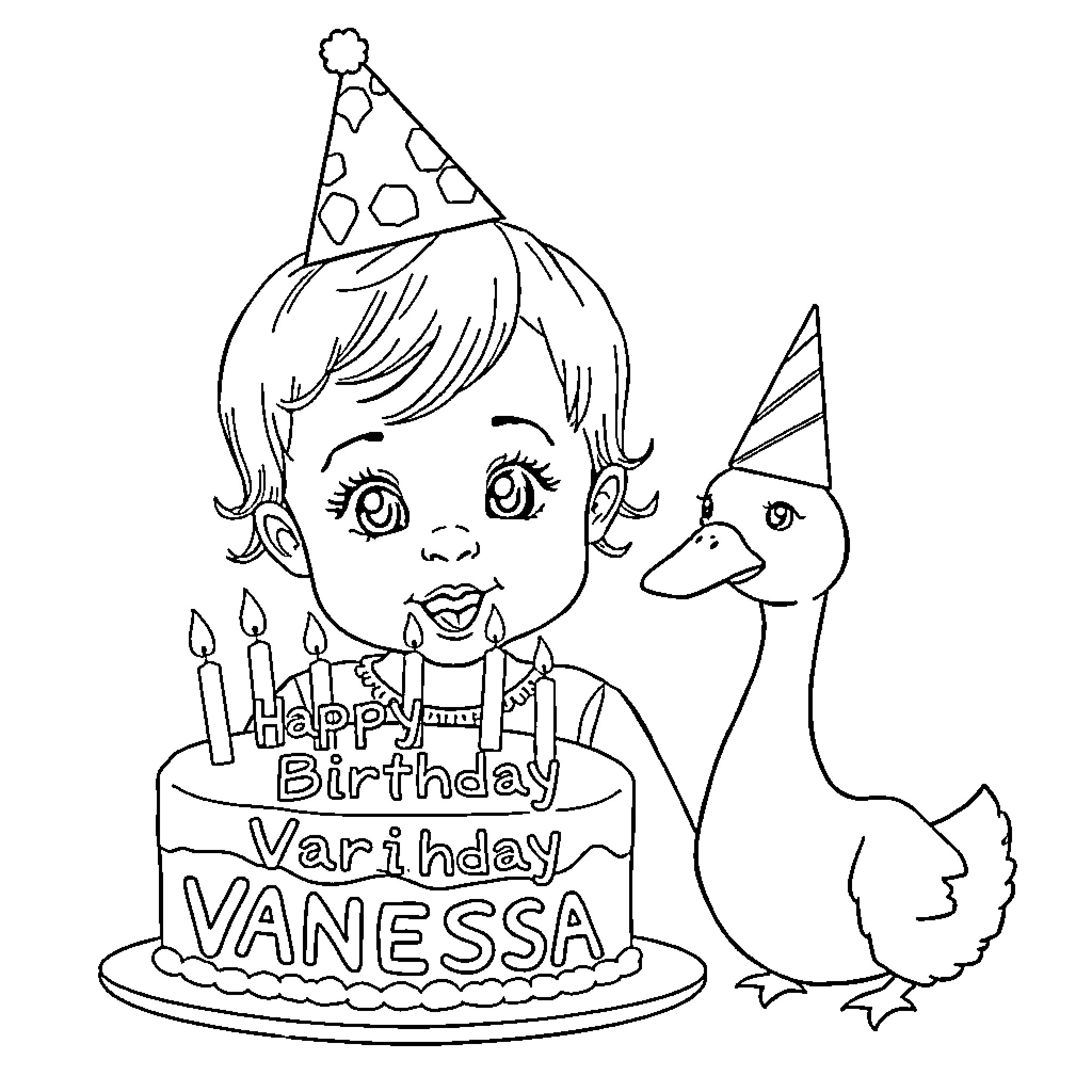 Baby's birthday with party hat and pet duck Coloring Page (free black-and-white line drawing printable PDF for all, from beginners to advanced learners, including children, teens, adults, and seniors)