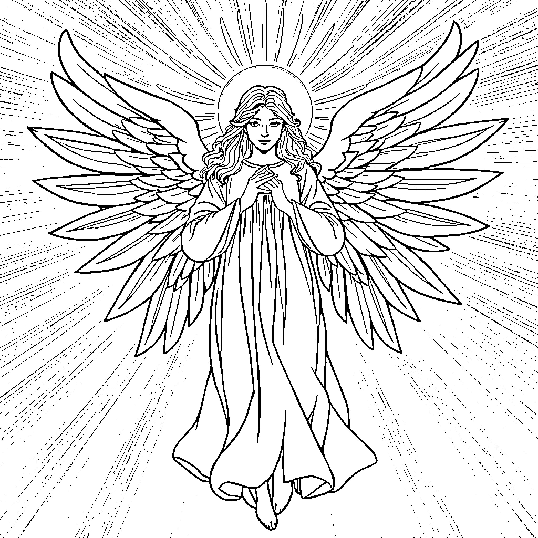 Angel of Heavenly Serenity Coloring Page (free black-and-white line drawing printable PDF for all, from beginners to advanced learners, including children, teens, adults, and seniors)