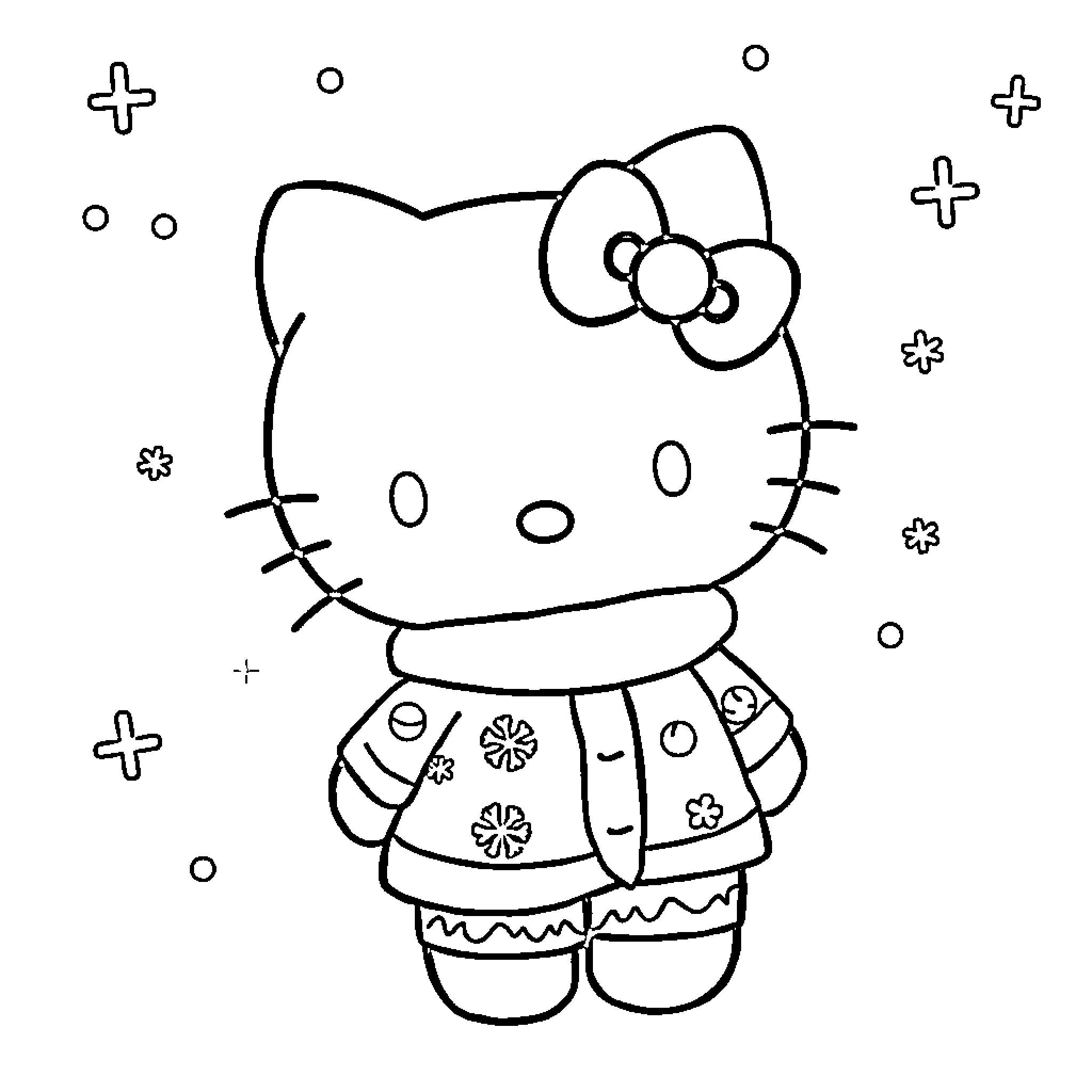 Hello Kitty in winter outfit with snowflakes Coloring Page (free black-and-white line drawing printable PDF for all, from beginners to advanced learners, including children, teens, adults, and seniors)