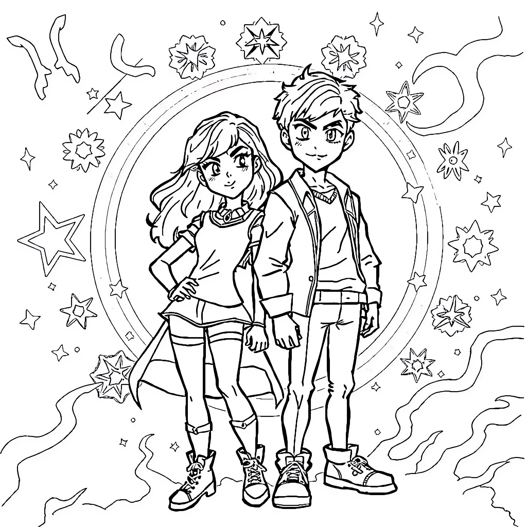 Zodiac Academy: Cosmic Adventure of Two Youths Coloring Page (free black-and-white line drawing printable PDF for all, from beginners to advanced learners, including children, teens, adults, and seniors)