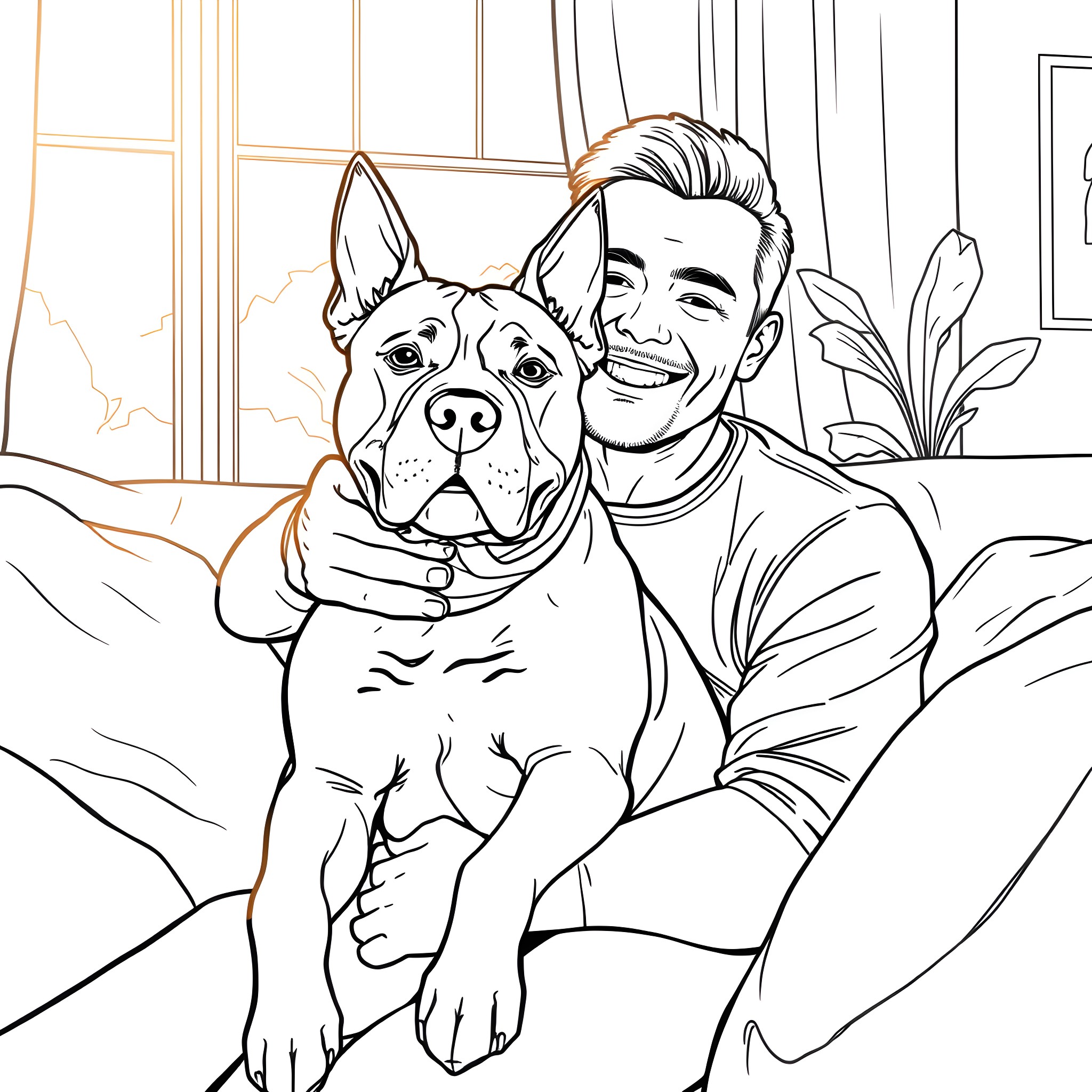 Pitbull and Owner Enjoying a Moment Together Coloring Page (free black-and-white line drawing printable PDF for all, from beginners to advanced learners, including children, teens, adults, and seniors)