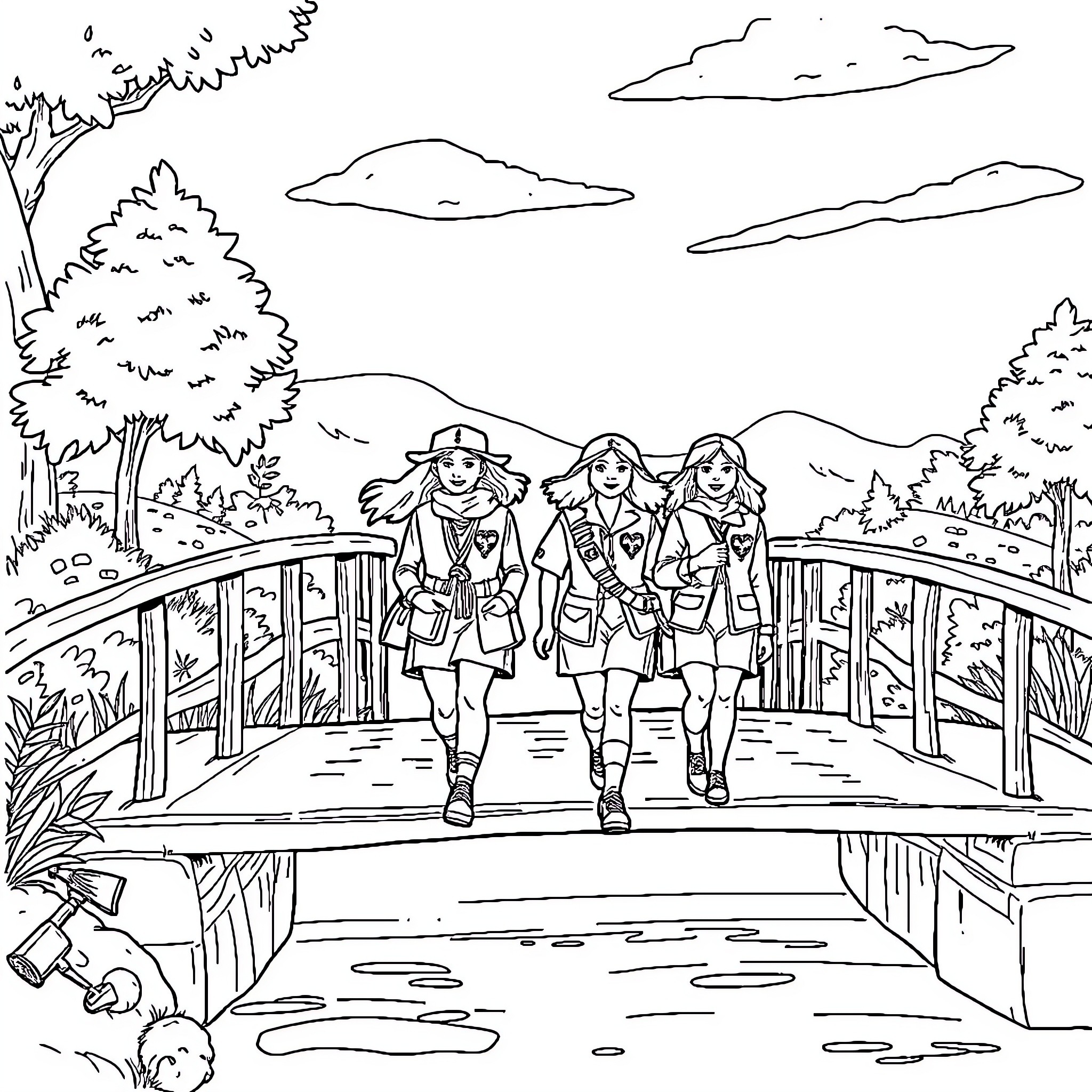 Girl Scout troop hiking on a wooden bridge in nature Coloring Page (free black-and-white line drawing printable PDF for all, from beginners to advanced learners, including children, teens, adults, and seniors)