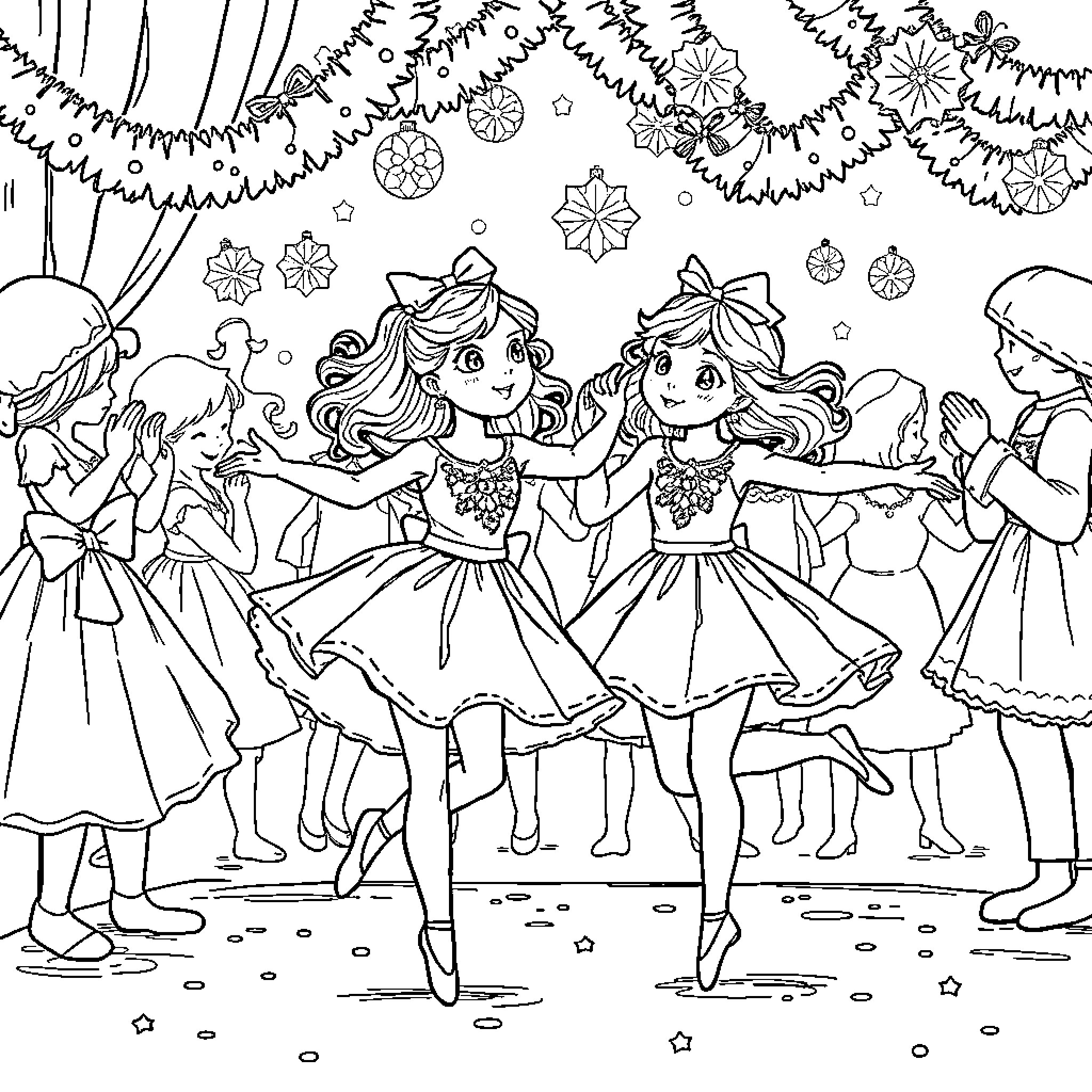 Ballerinas dancing in a winter wonderland Coloring Page (free black-and-white line drawing printable PDF for all, from beginners to advanced learners, including children, teens, adults, and seniors)