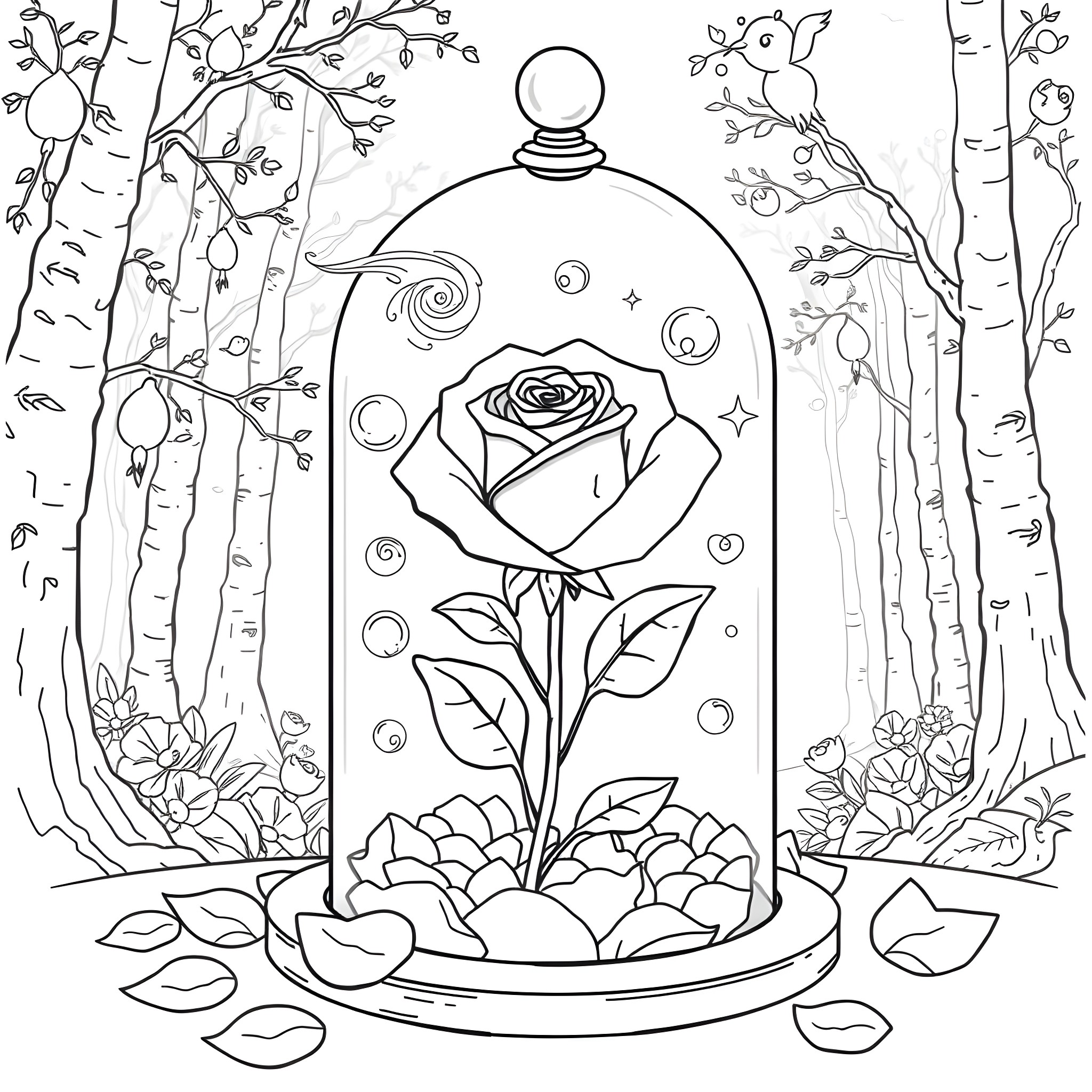 Rose in a Glass Dome in the Forest Coloring Page (free black-and-white line drawing printable PDF for all, from beginners to advanced learners, including children, teens, adults, and seniors)