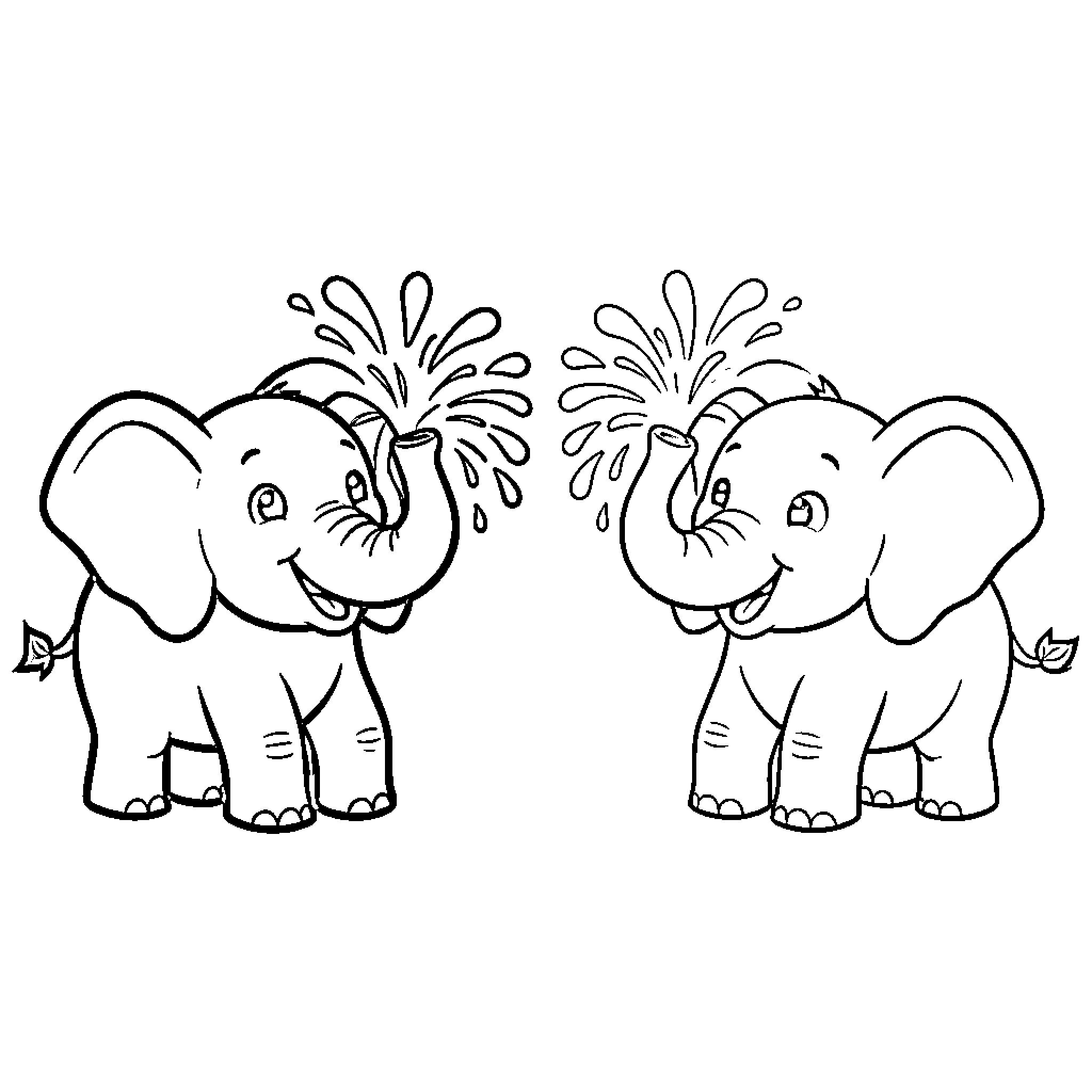 Elephant Buddies Spraying Water Happily Coloring Page (free black-and-white line drawing printable PDF for all, from beginners to advanced learners, including children, teens, adults, and seniors)