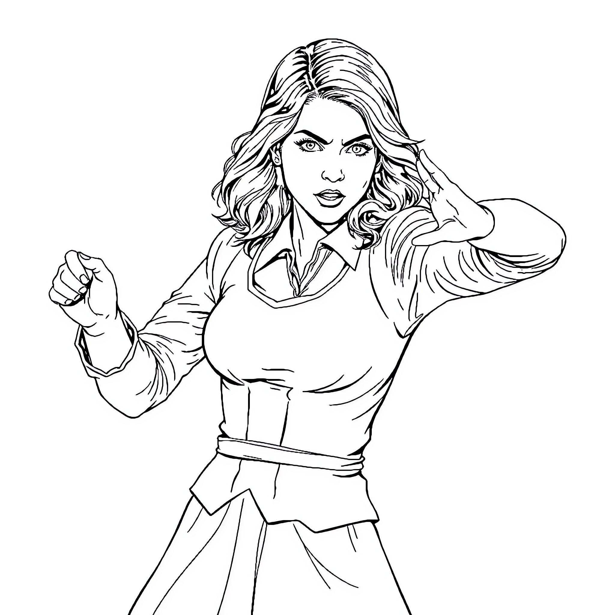 Hermione Granger in a determined stance Coloring Page (free black-and-white line drawing printable PDF for all, from beginners to advanced learners, including children, teens, adults, and seniors)