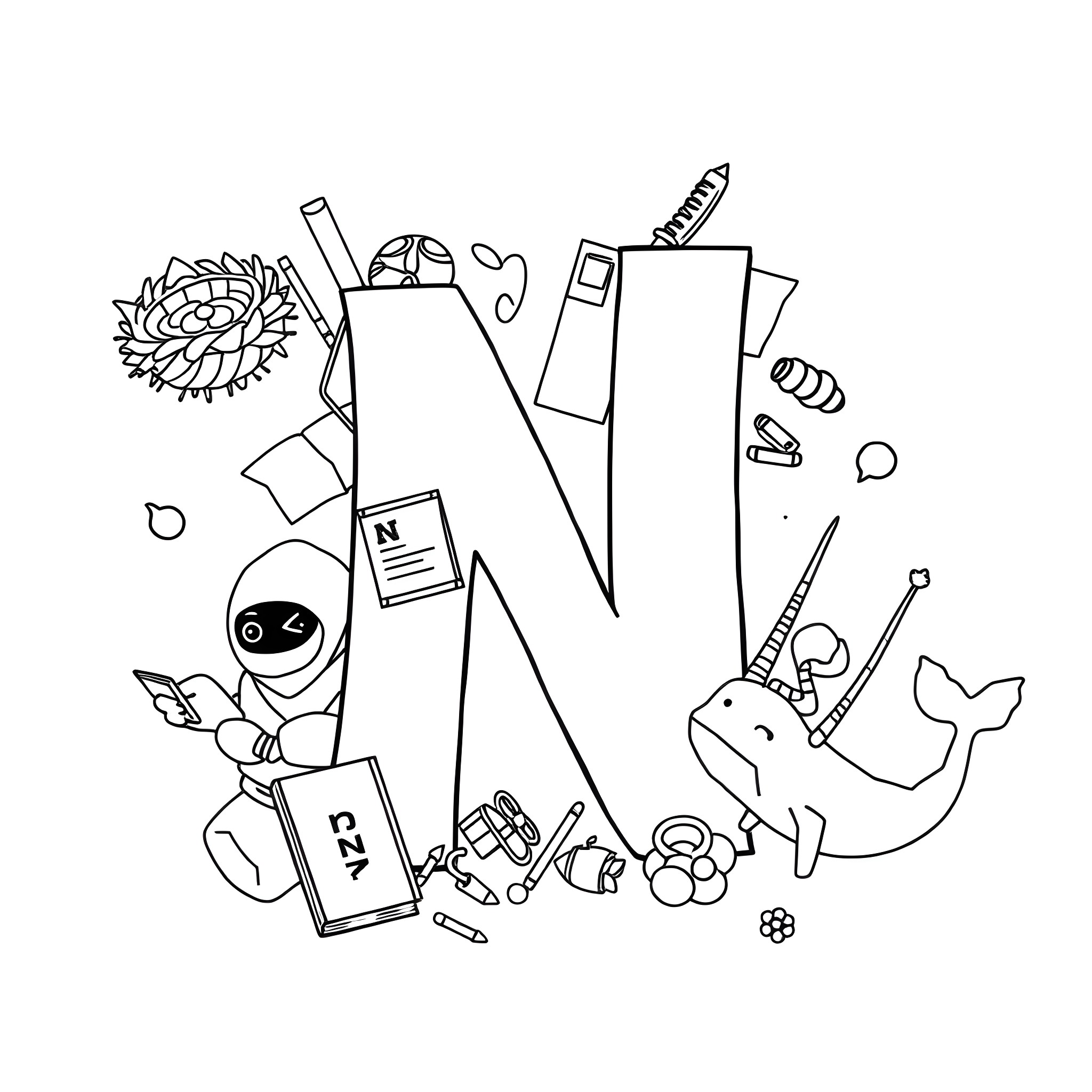 Letter N with various objects and symbols Coloring Page (free black-and-white line drawing printable PDF for all, from beginners to advanced learners, including children, teens, adults, and seniors)