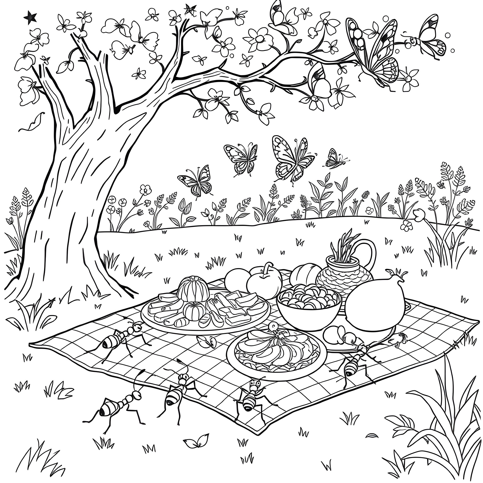 Bug Picnic under Blooming Tree Coloring Page (free black-and-white line drawing printable PDF for all, from beginners to advanced learners, including children, teens, adults, and seniors)