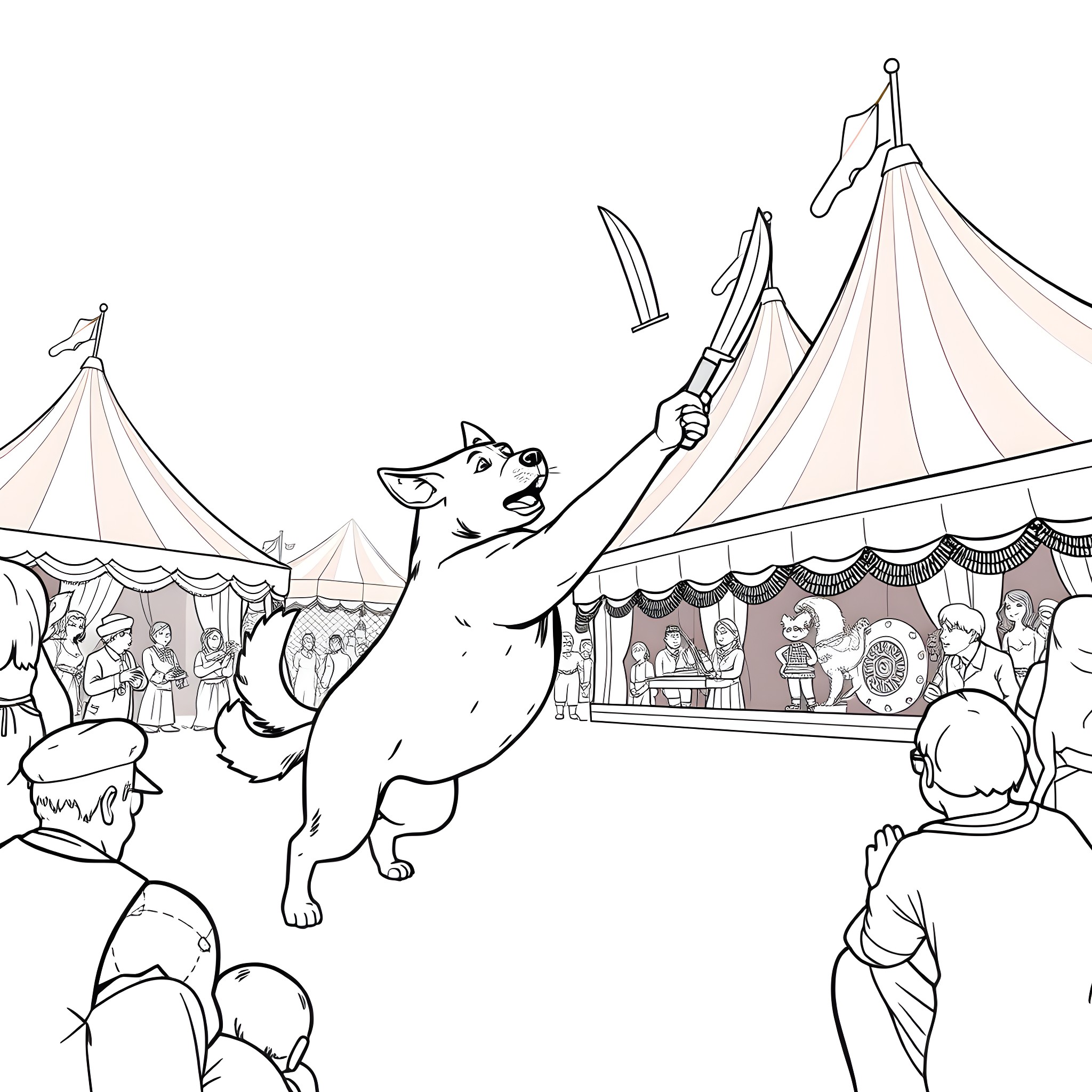 Dog performing circus tricks at the carnival Coloring Page (free black-and-white line drawing printable PDF for all, from beginners to advanced learners, including children, teens, adults, and seniors)