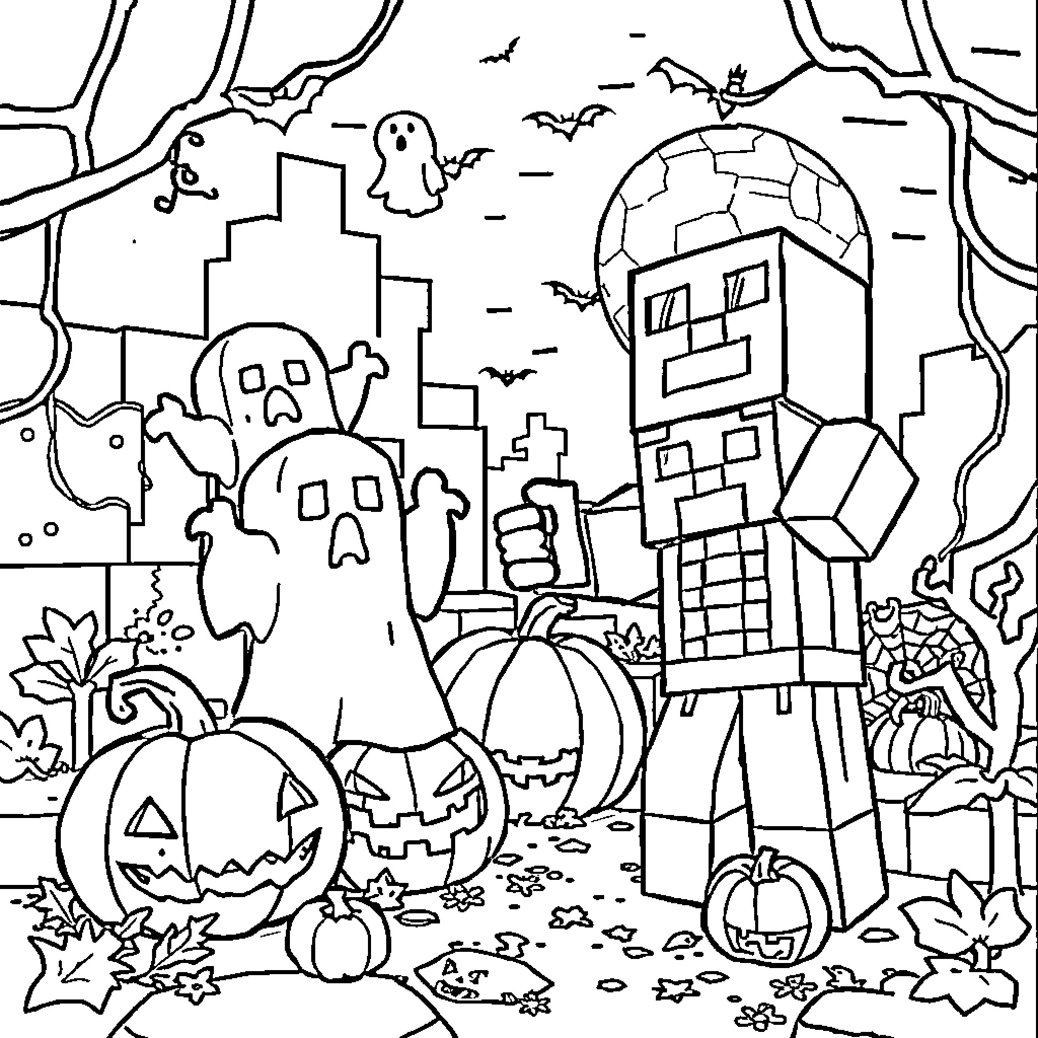 Minecraft Halloween Night Scene with Spooky Creatures Coloring Page (free black-and-white line drawing printable PDF for all, from beginners to advanced learners, including children, teens, adults, and seniors)
