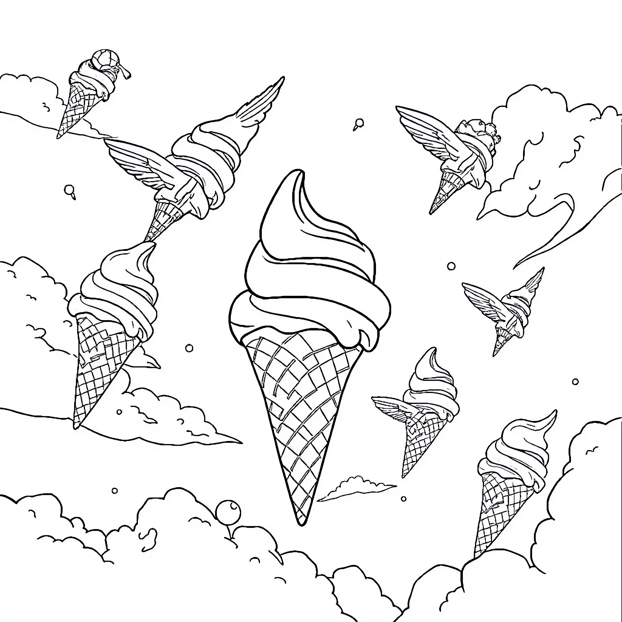 Ice Cream Cones Floating Playfully in the Sky Coloring Page (free black-and-white line drawing printable PDF for all, from beginners to advanced learners, including children, teens, adults, and seniors)